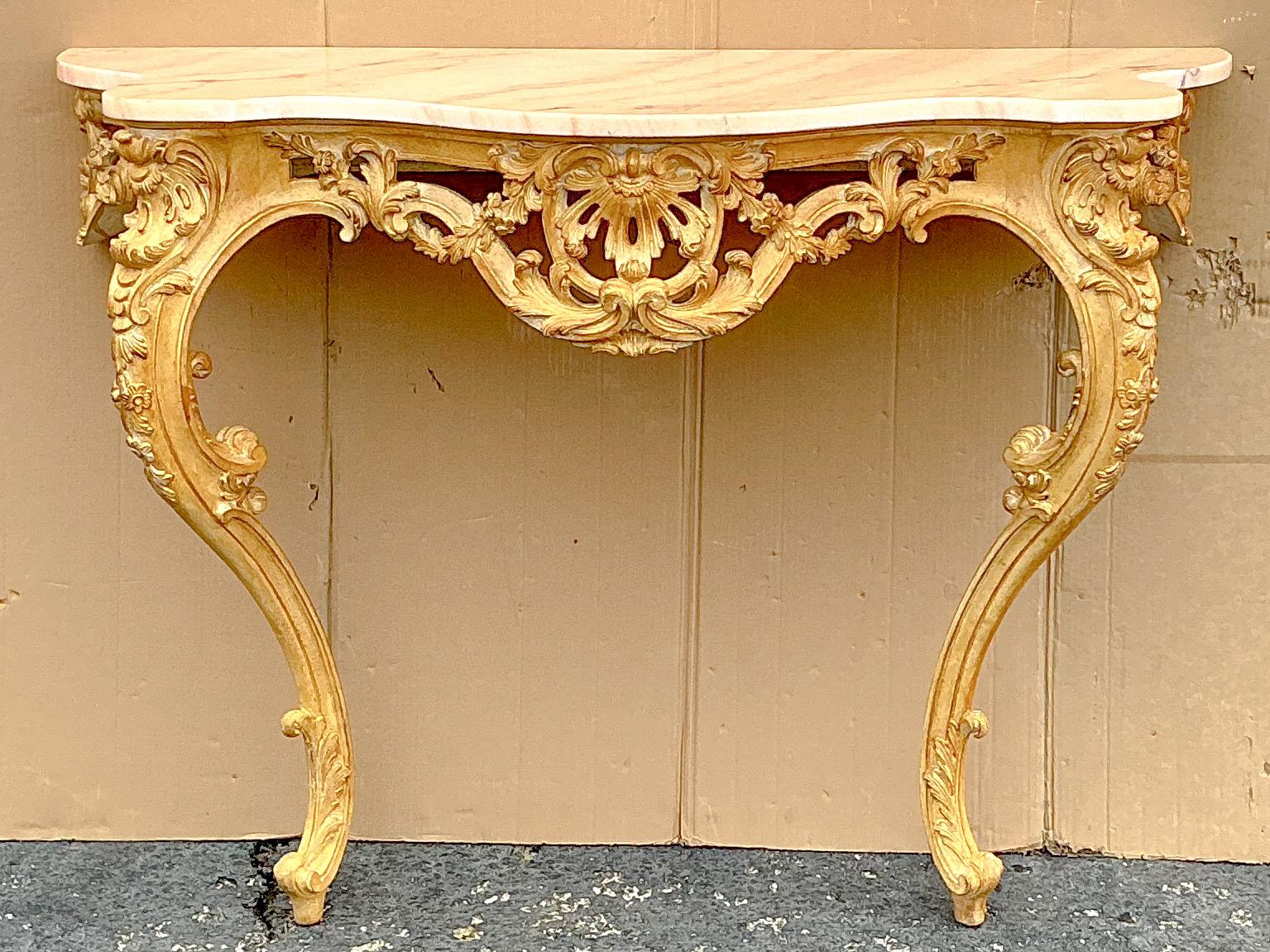 Mid-Century French Louis XiV Style Carved Pine Console Table W/ Pink Marble Top For Sale 2
