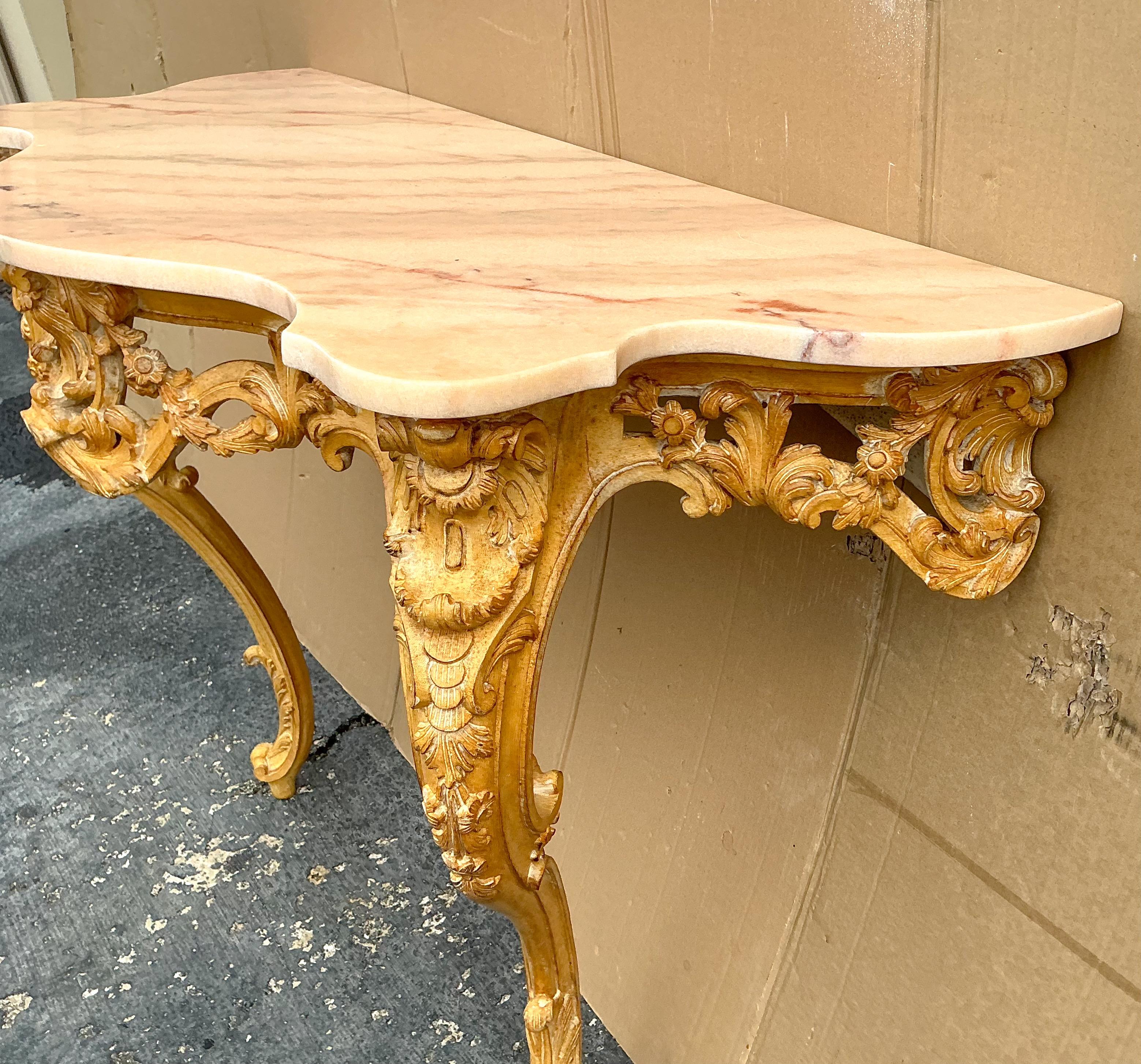 Mid-Century French Louis XiV Style Carved Pine Console Table W/ Pink Marble Top For Sale 3