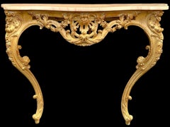 Consola francesa de mediados de siglo estilo Louis XiV de pino tallado con tapa de mármol rosa