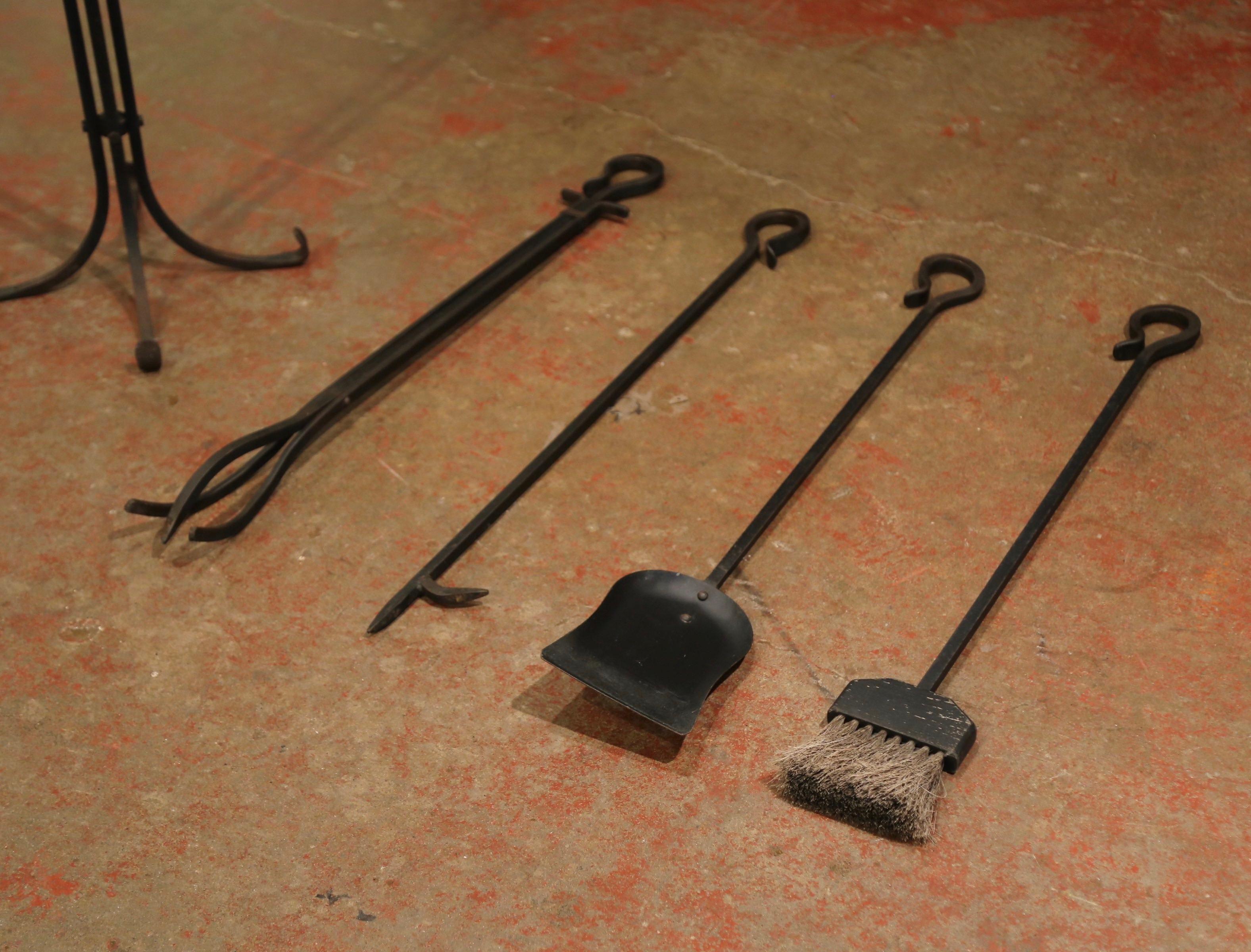 Mid-Century French Louis XIV Wrought Iron Fireplace Tool Set on Stand 4