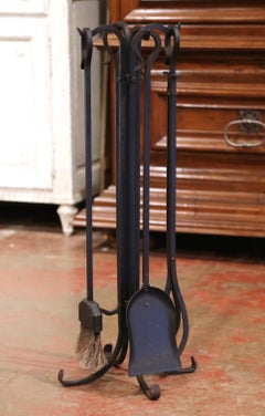 Mid-Century French Louis XIV Wrought Iron Fireplace Tool Set on Stand