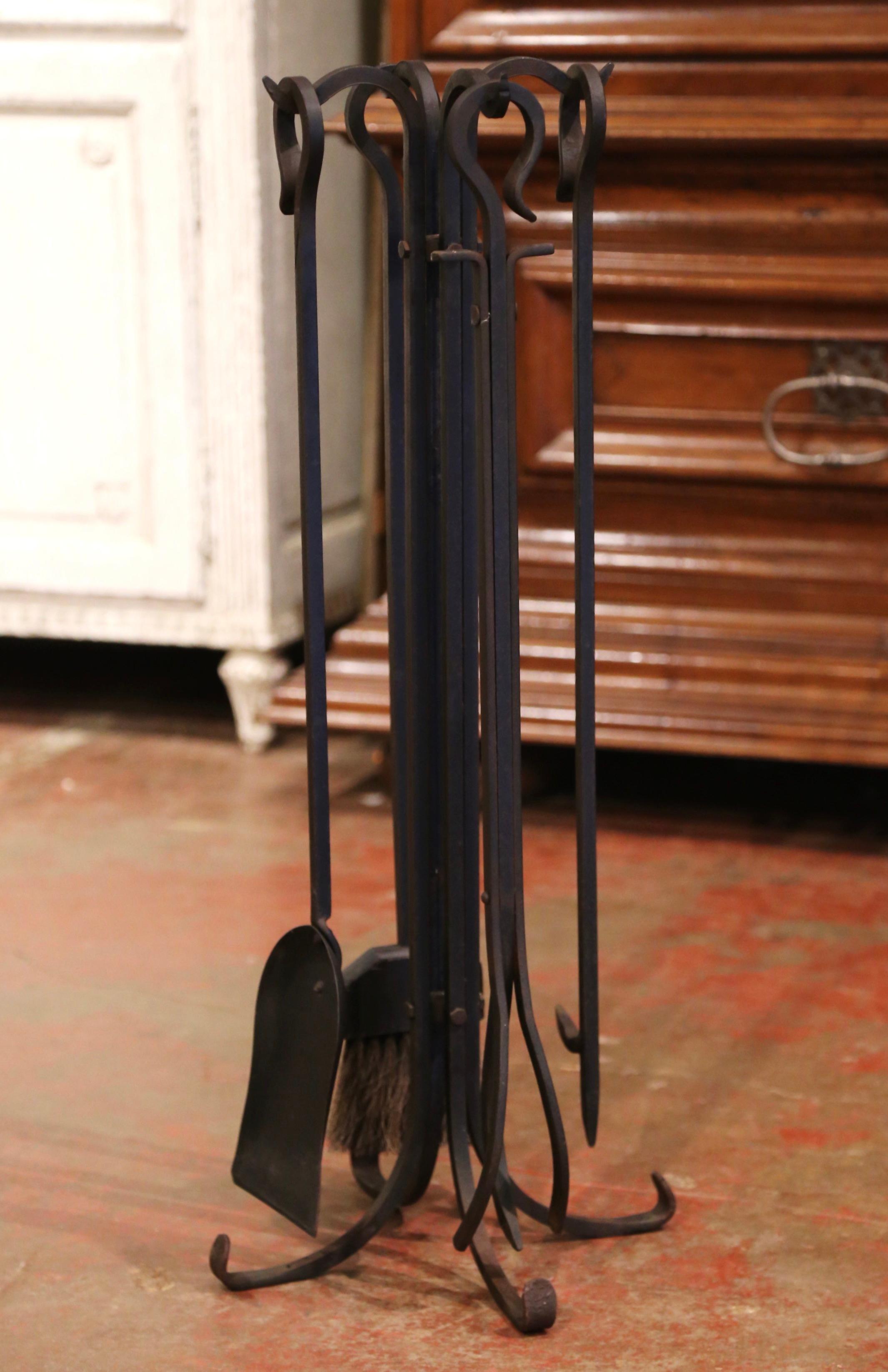 19th Century Mid-Century French Louis XIV Wrought Iron Fireplace Tool Set on Stand