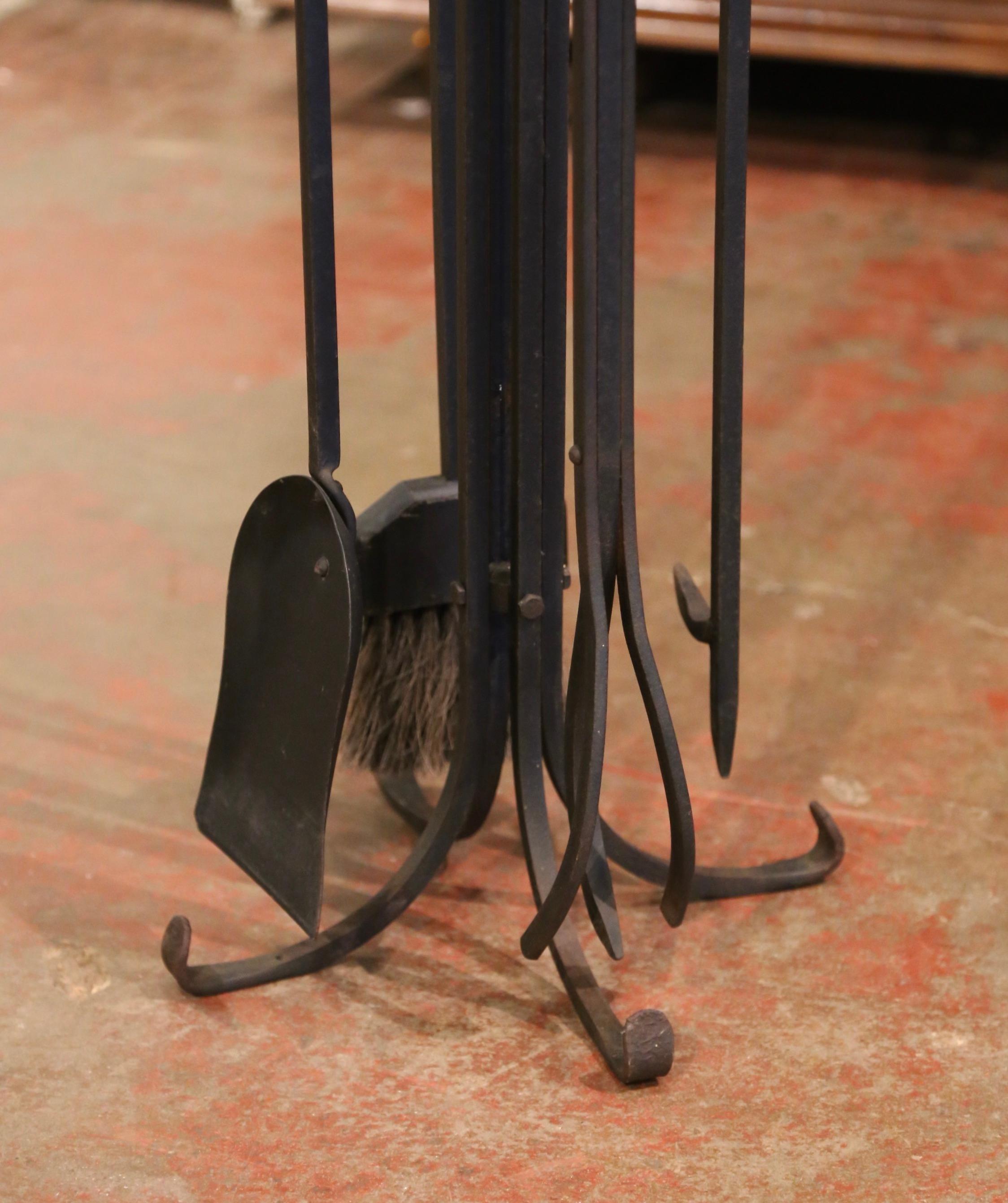 Mid-Century French Louis XIV Wrought Iron Fireplace Tool Set on Stand 1