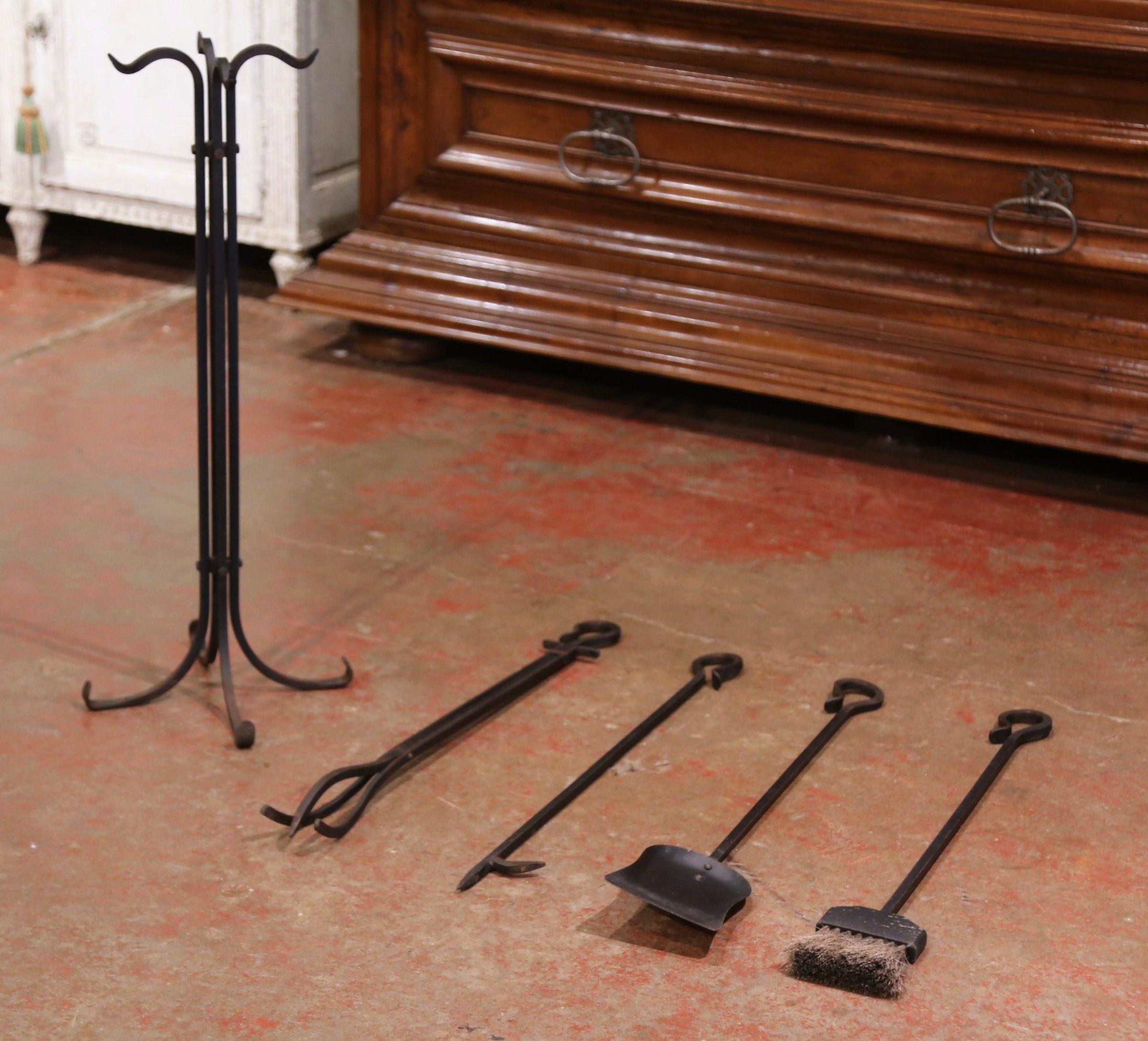 Mid-Century French Louis XIV Wrought Iron Fireplace Tool Set on Stand 2