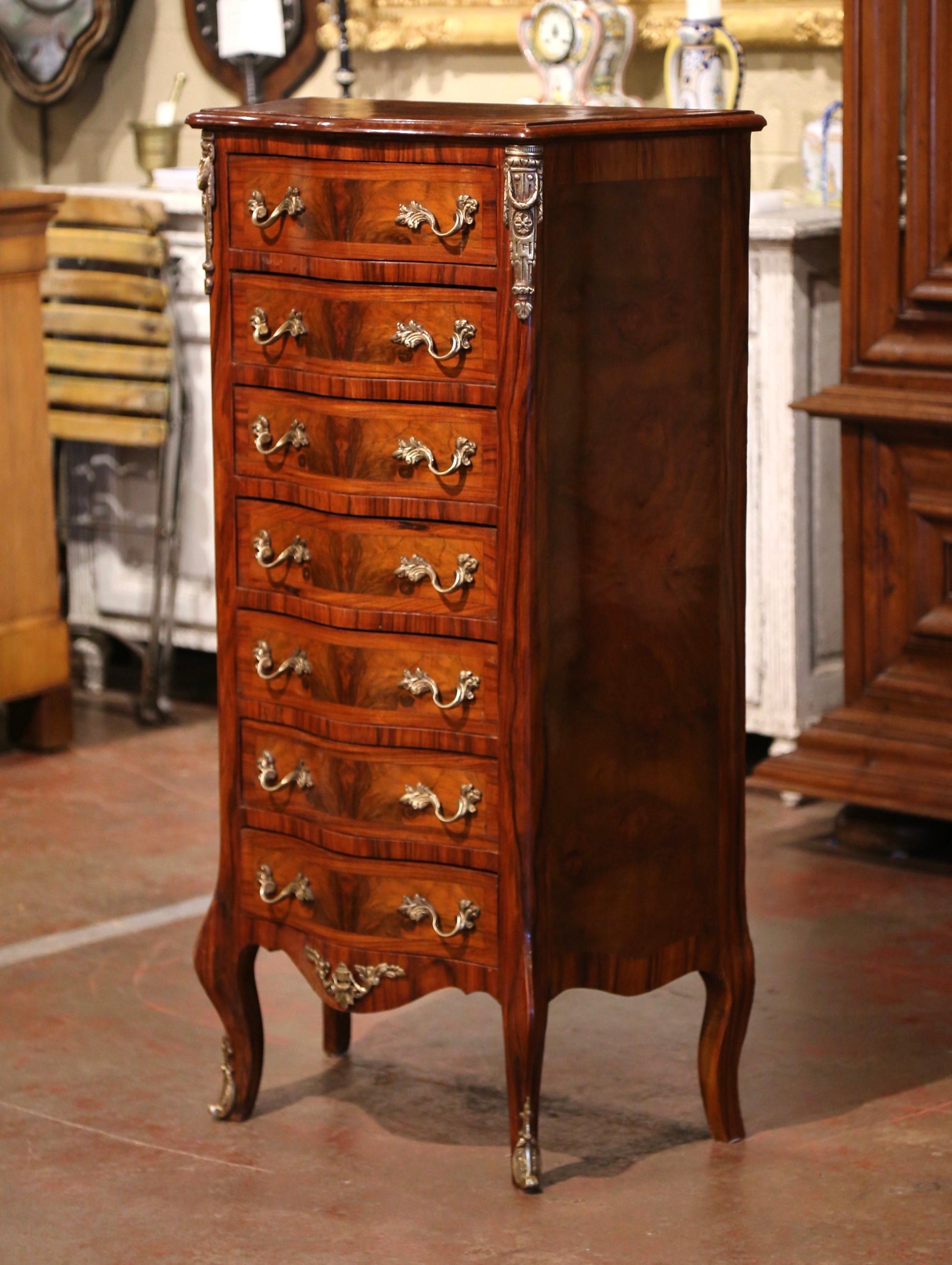 Mid-Century French Louis XV Burl & Rosewood Carved Bombe Seven-Drawer Chest In Excellent Condition For Sale In Dallas, TX