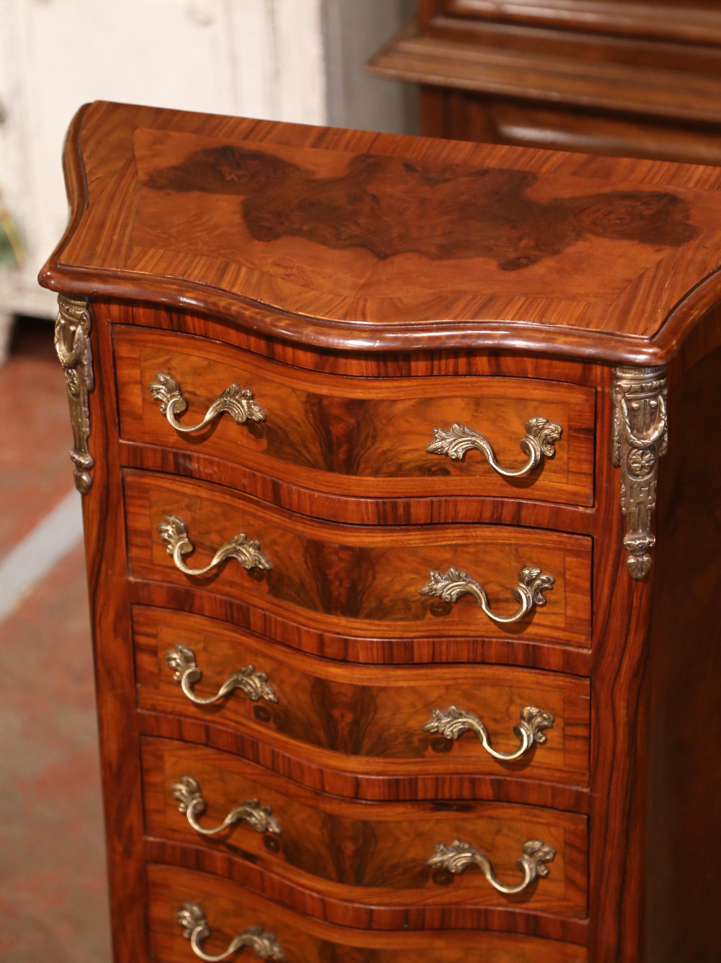 20th Century Mid-Century French Louis XV Burl & Rosewood Carved Bombe Seven-Drawer Chest For Sale