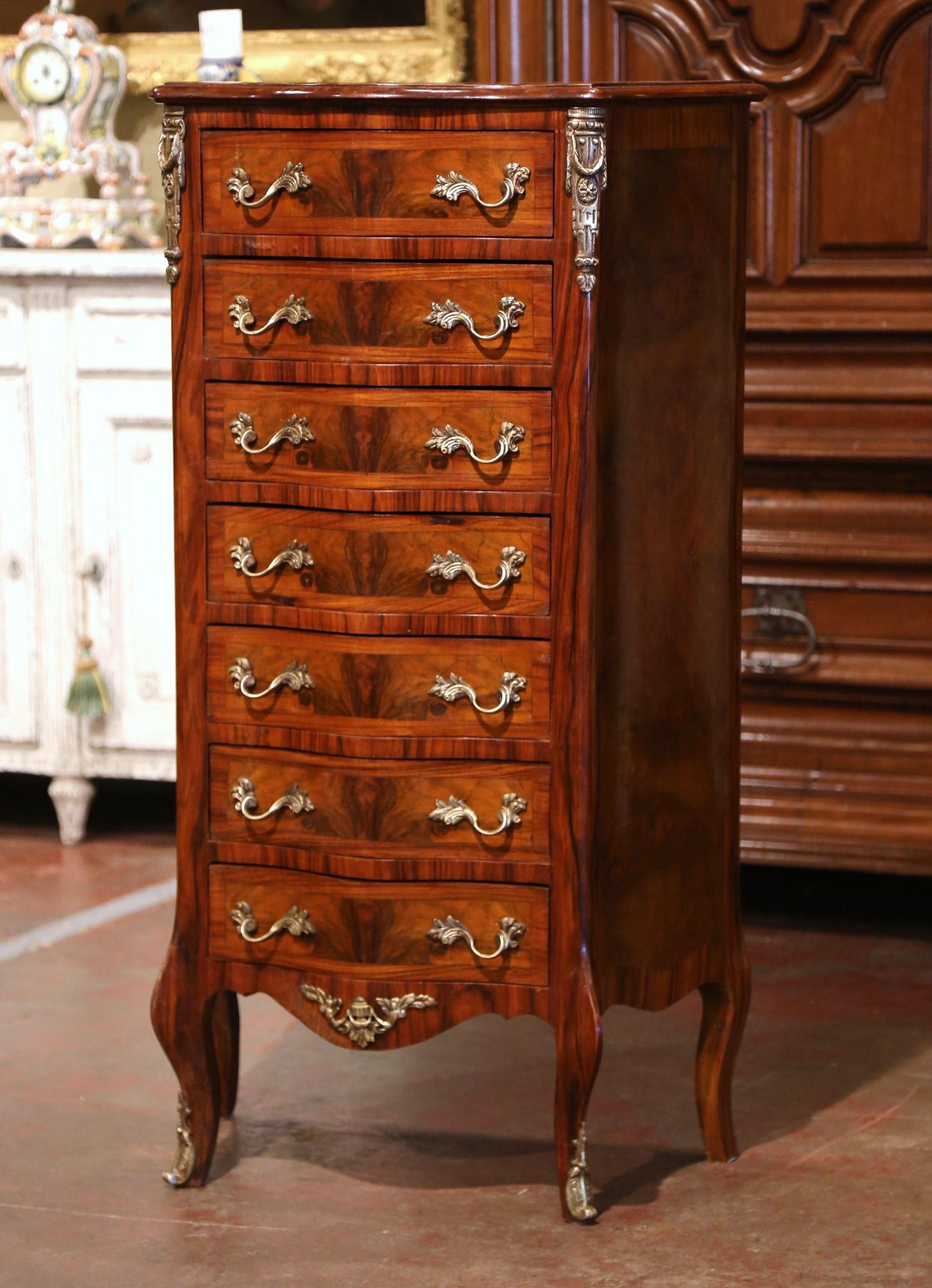 Bronze Mid-Century French Louis XV Burl & Rosewood Carved Bombe Seven-Drawer Chest For Sale