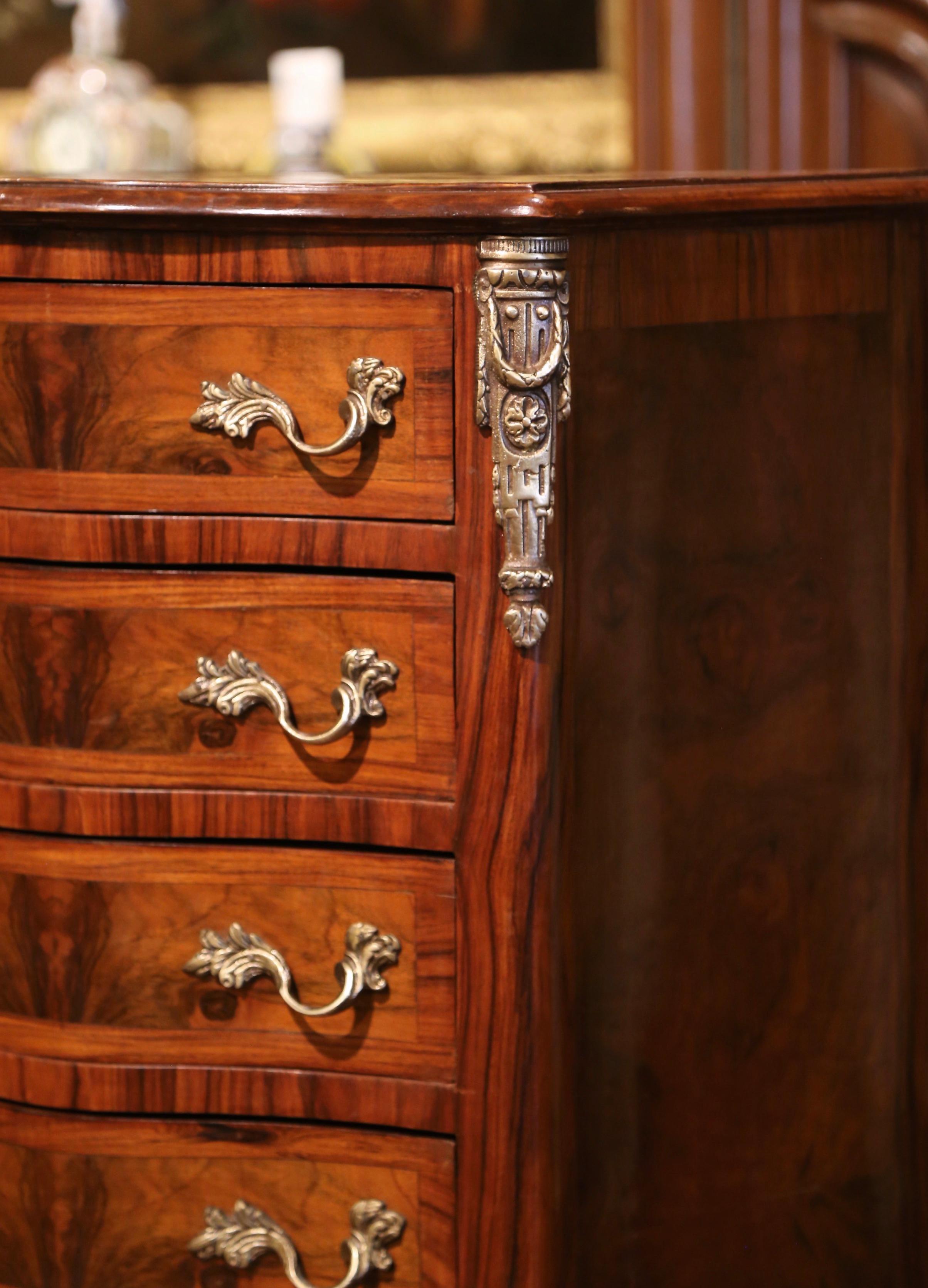 Mid-Century French Louis XV Burl & Rosewood Carved Bombe Seven-Drawer Chest For Sale 1