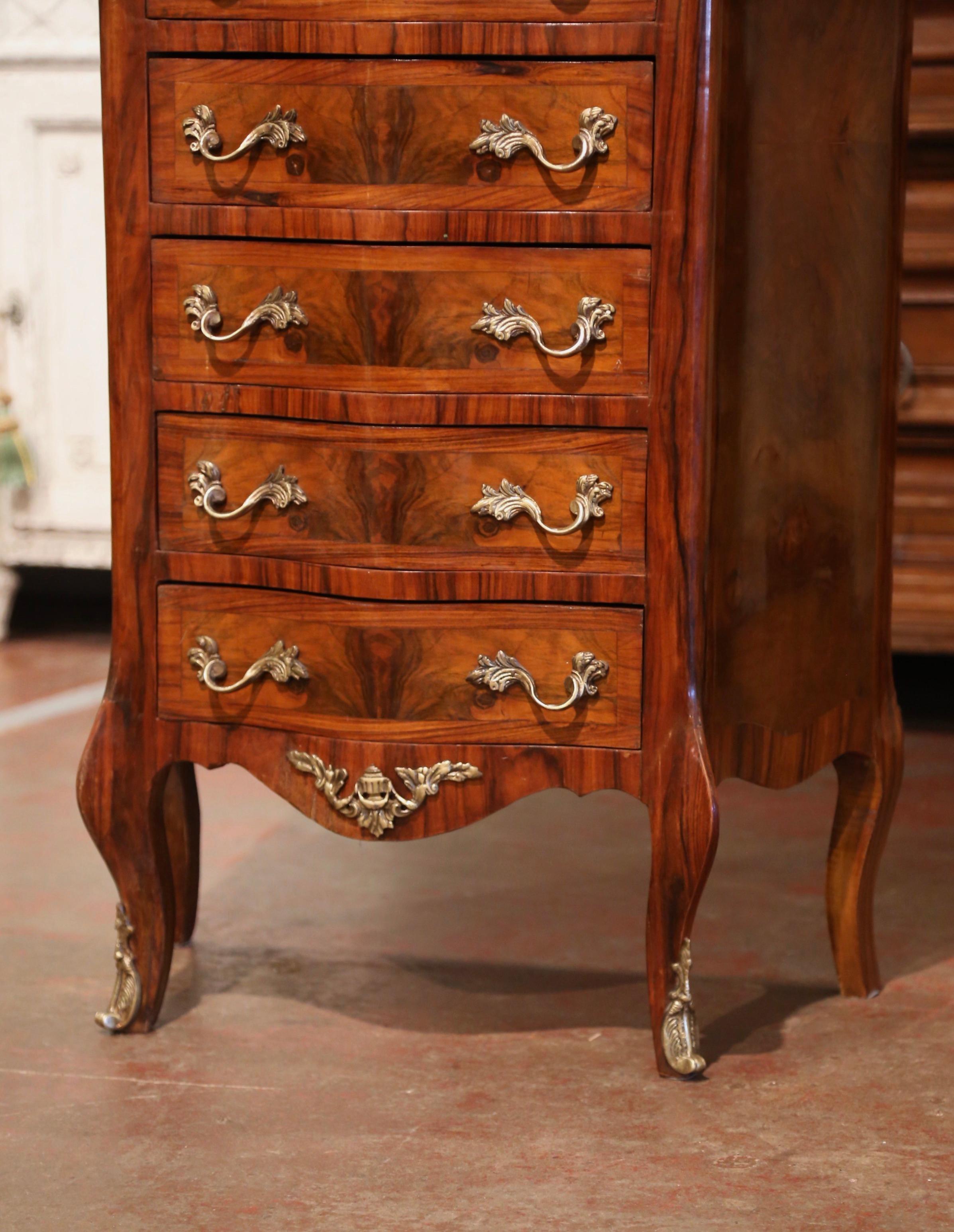 Mid-Century French Louis XV Burl & Rosewood Carved Bombe Seven-Drawer Chest For Sale 2