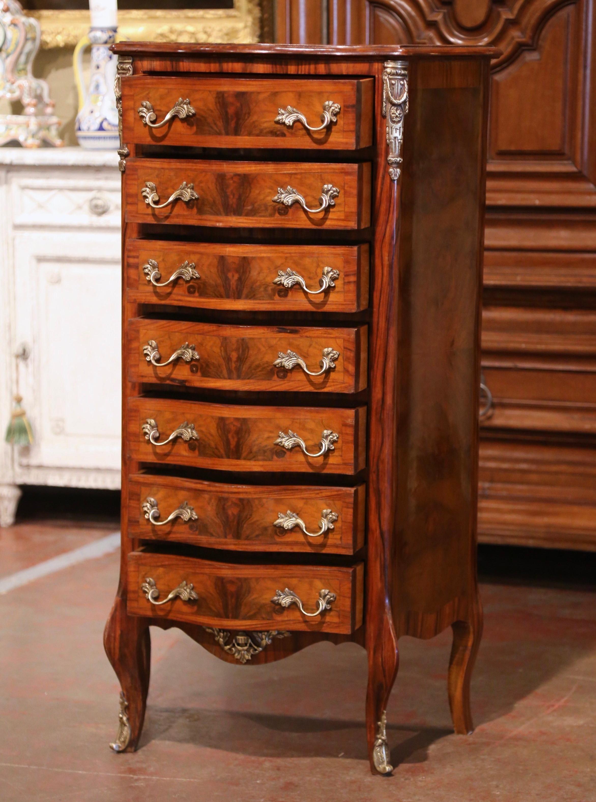 Mid-Century French Louis XV Burl & Rosewood Carved Bombe Seven-Drawer Chest For Sale 3