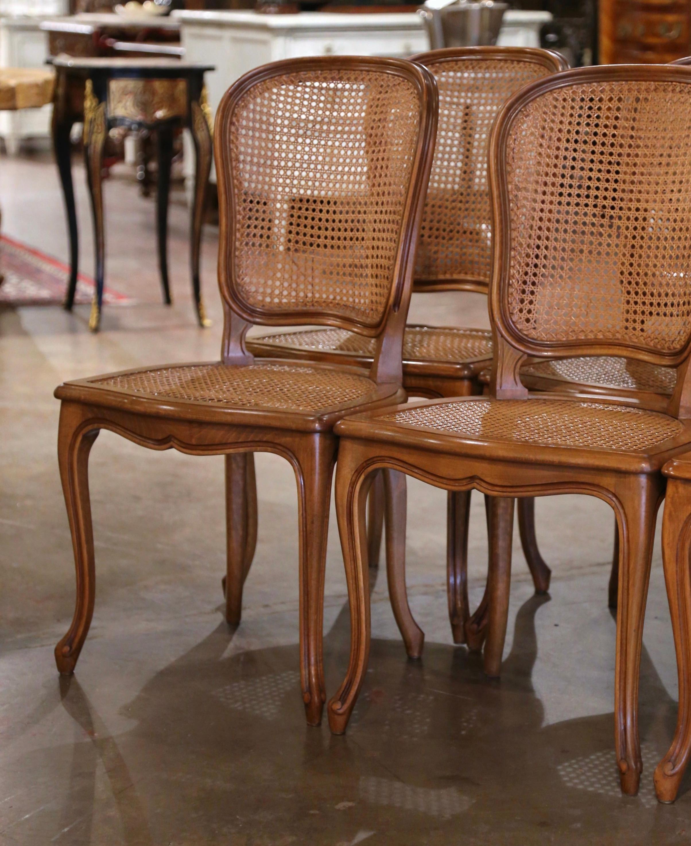 Hand-Carved Mid-Century French Louis XV Carved and Caned Dining Side Chairs, Set of Eight