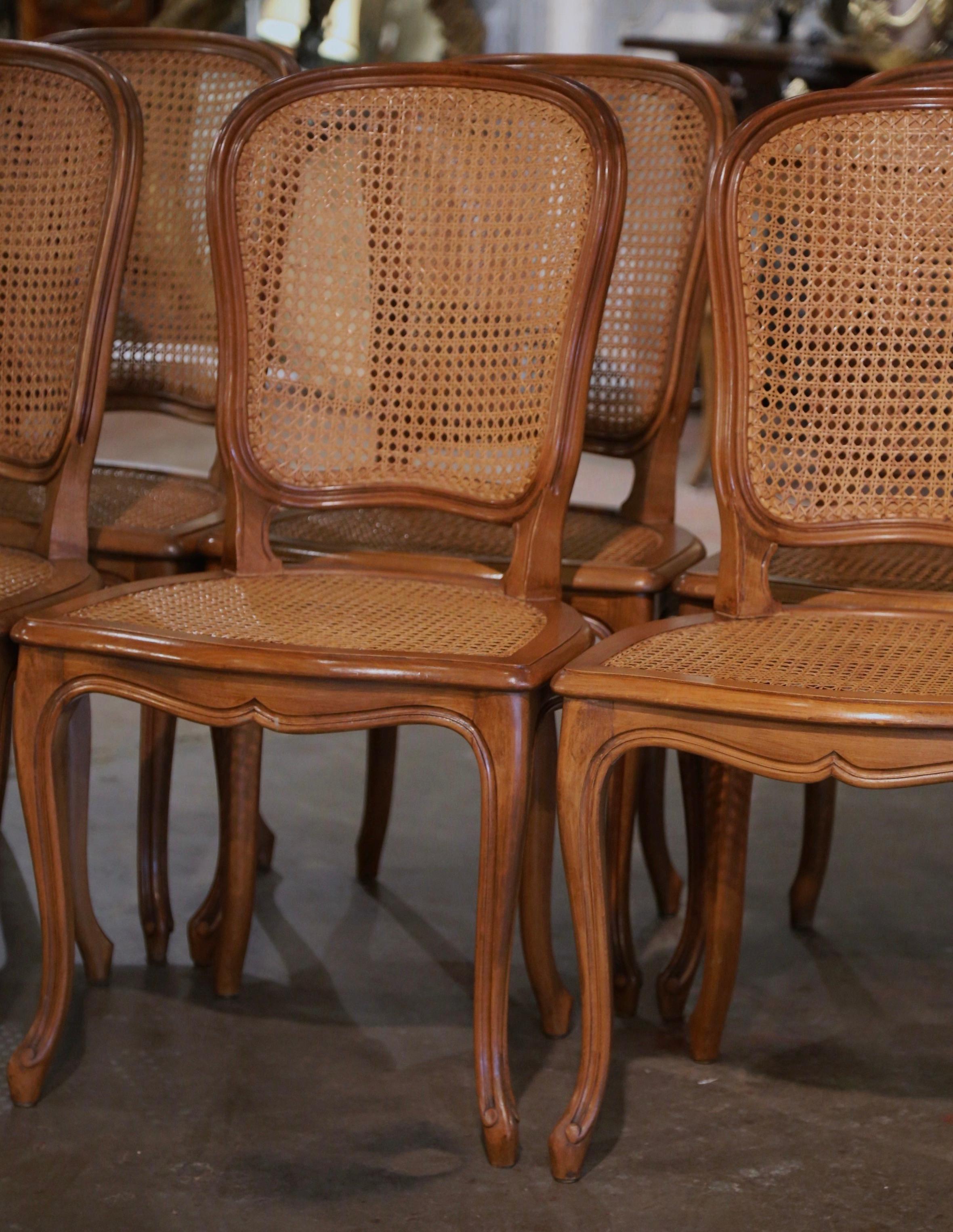 Mid-Century French Louis XV Carved and Caned Dining Side Chairs, Set of Eight In Excellent Condition In Dallas, TX