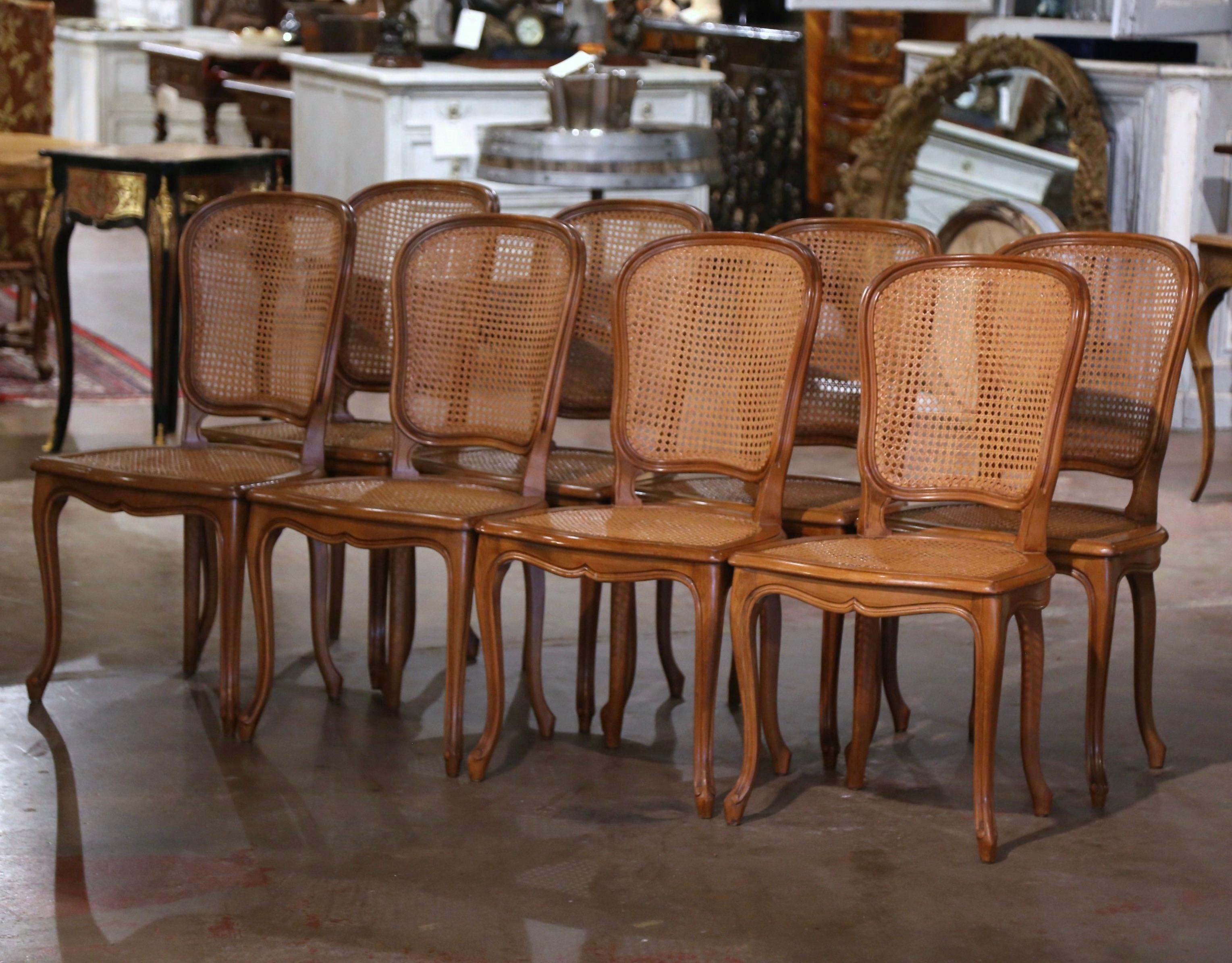 20th Century Mid-Century French Louis XV Carved and Caned Dining Side Chairs, Set of Eight