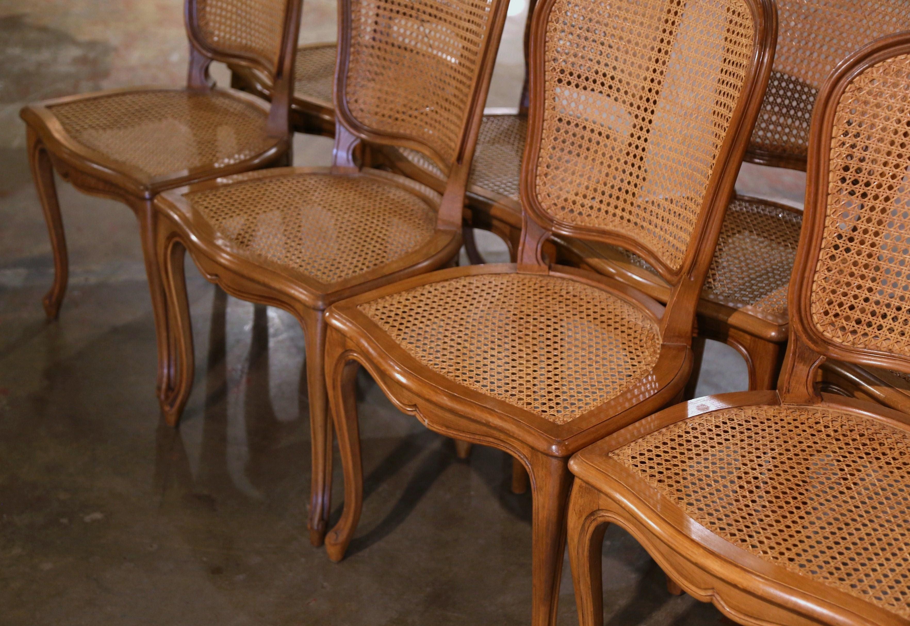 Mid-Century French Louis XV Carved and Caned Dining Side Chairs, Set of Eight 2