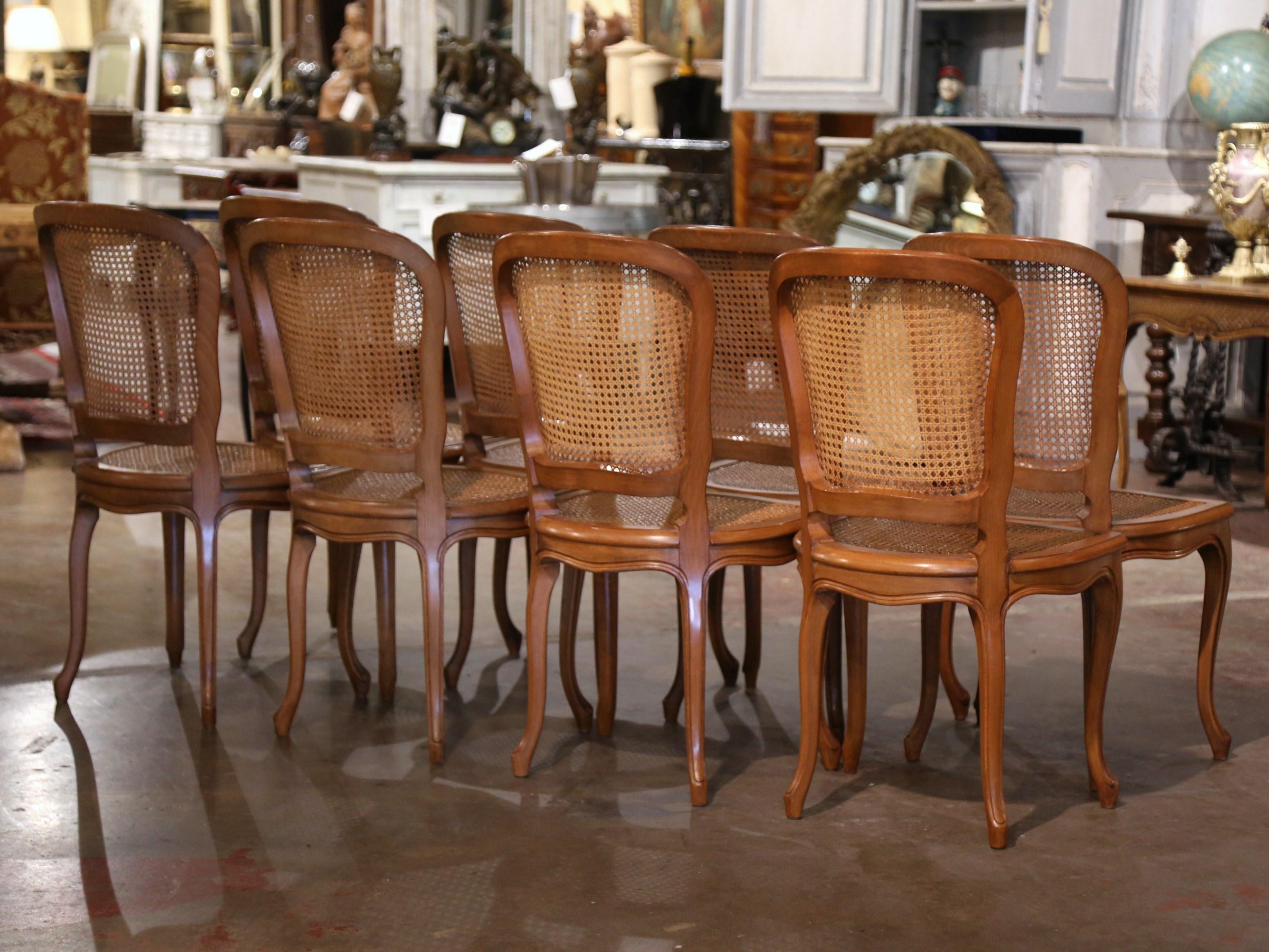 Mid-Century French Louis XV Carved and Caned Dining Side Chairs, Set of Eight 4