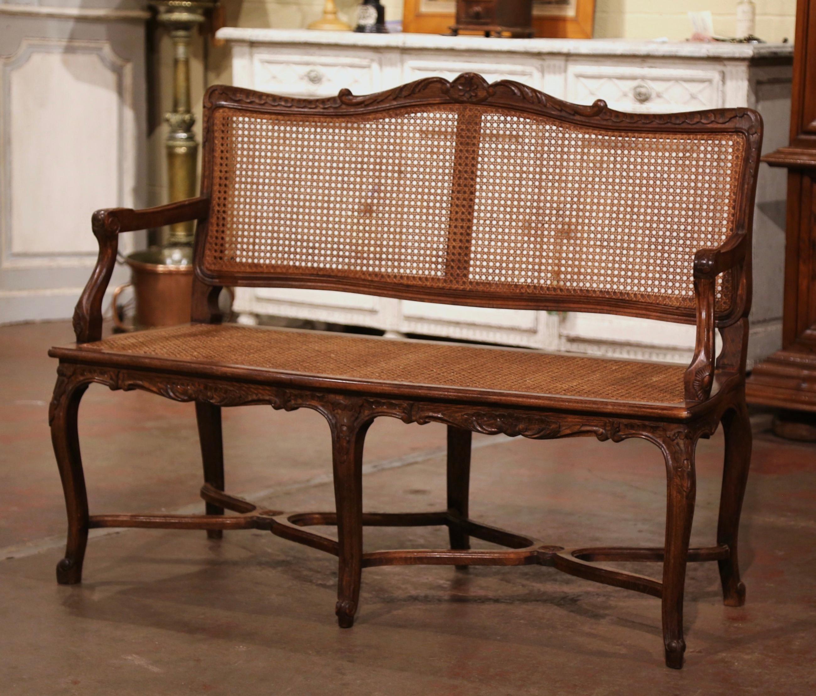 Caning Mid-Century French Louis XV Carved Beech Wood and Cane Six-Leg Settee Bench