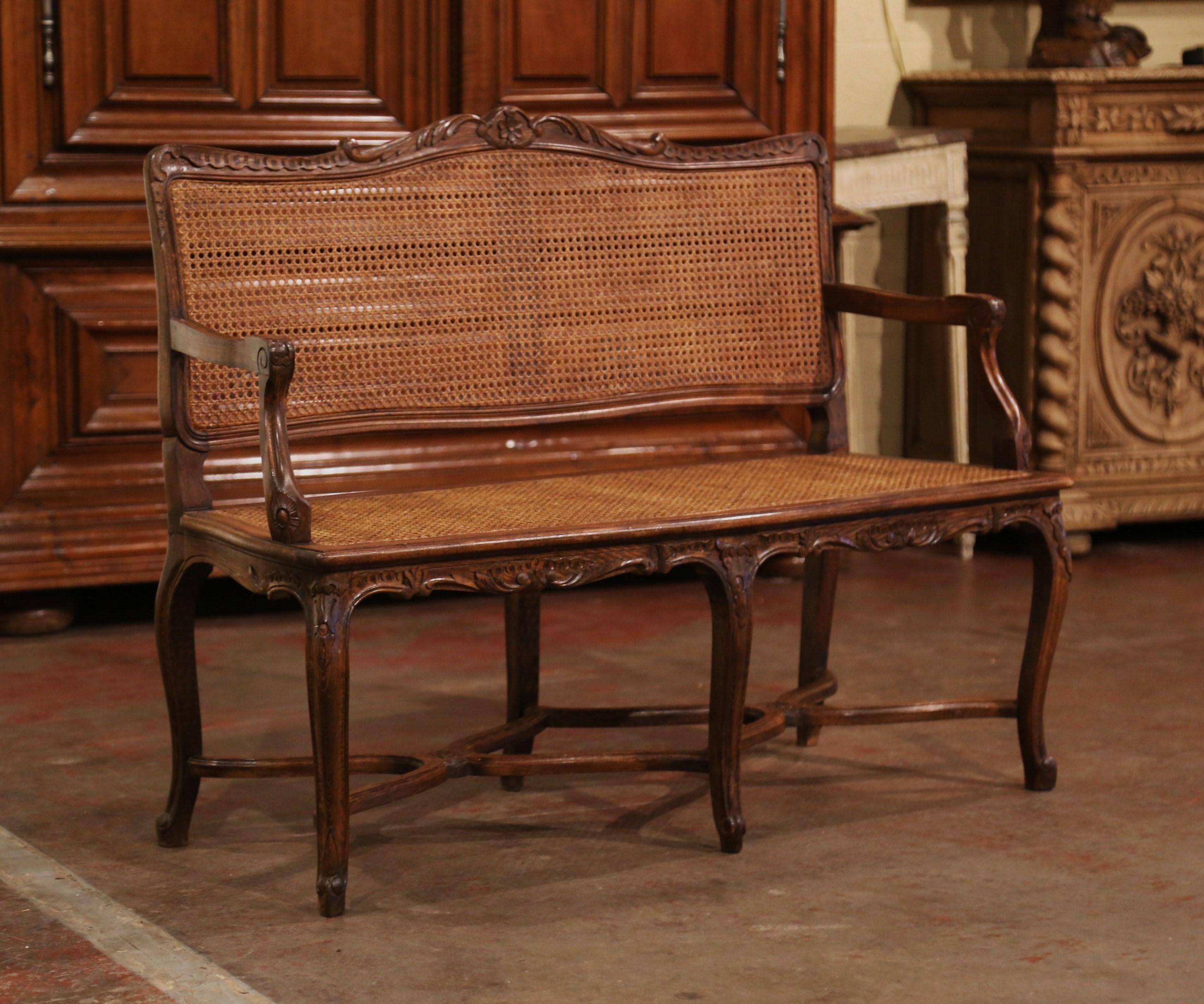 20th Century Mid-Century French Louis XV Carved Beech Wood and Cane Six-Leg Settee Bench
