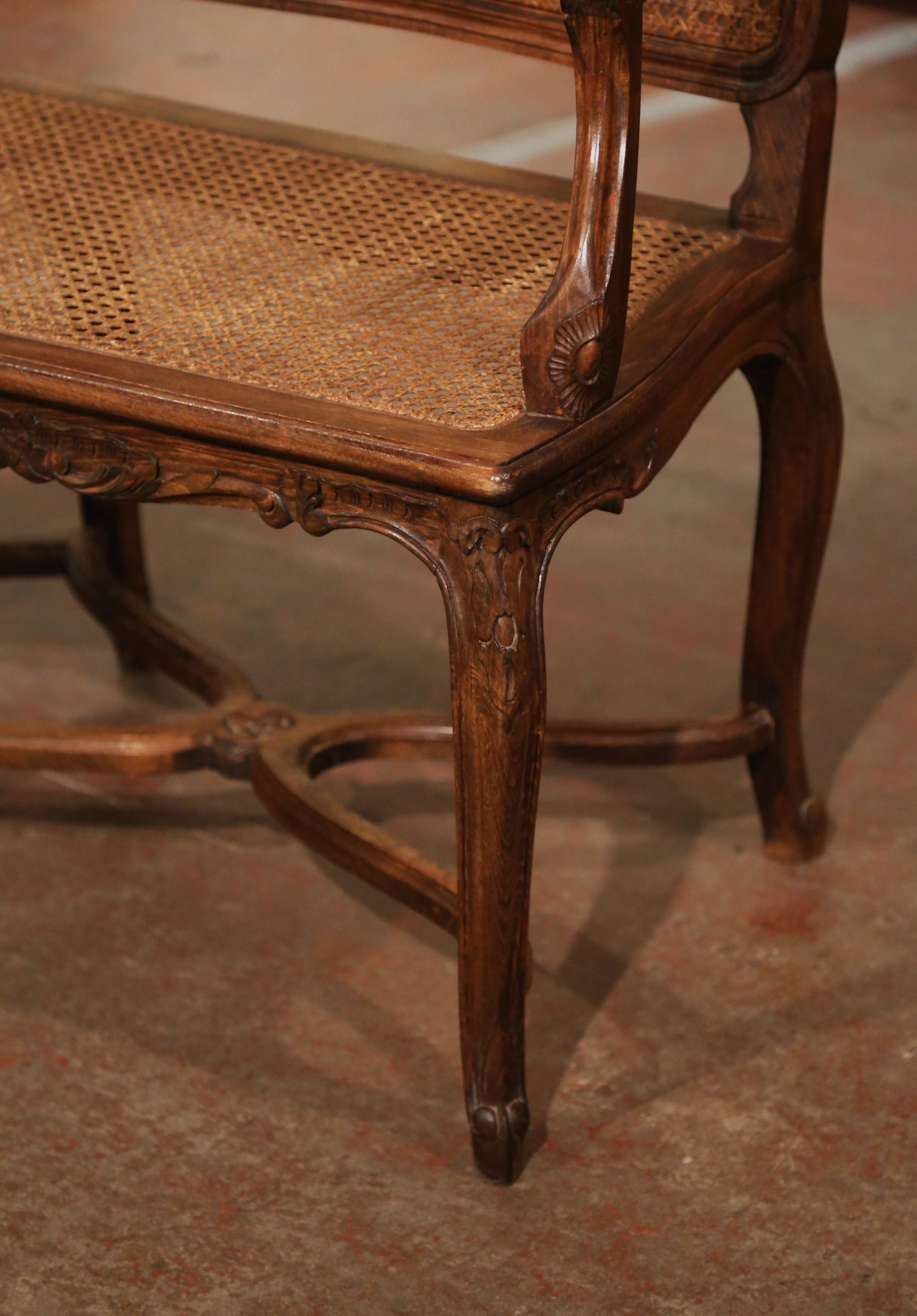 Mid-Century French Louis XV Carved Beech Wood and Cane Six-Leg Settee Bench 1