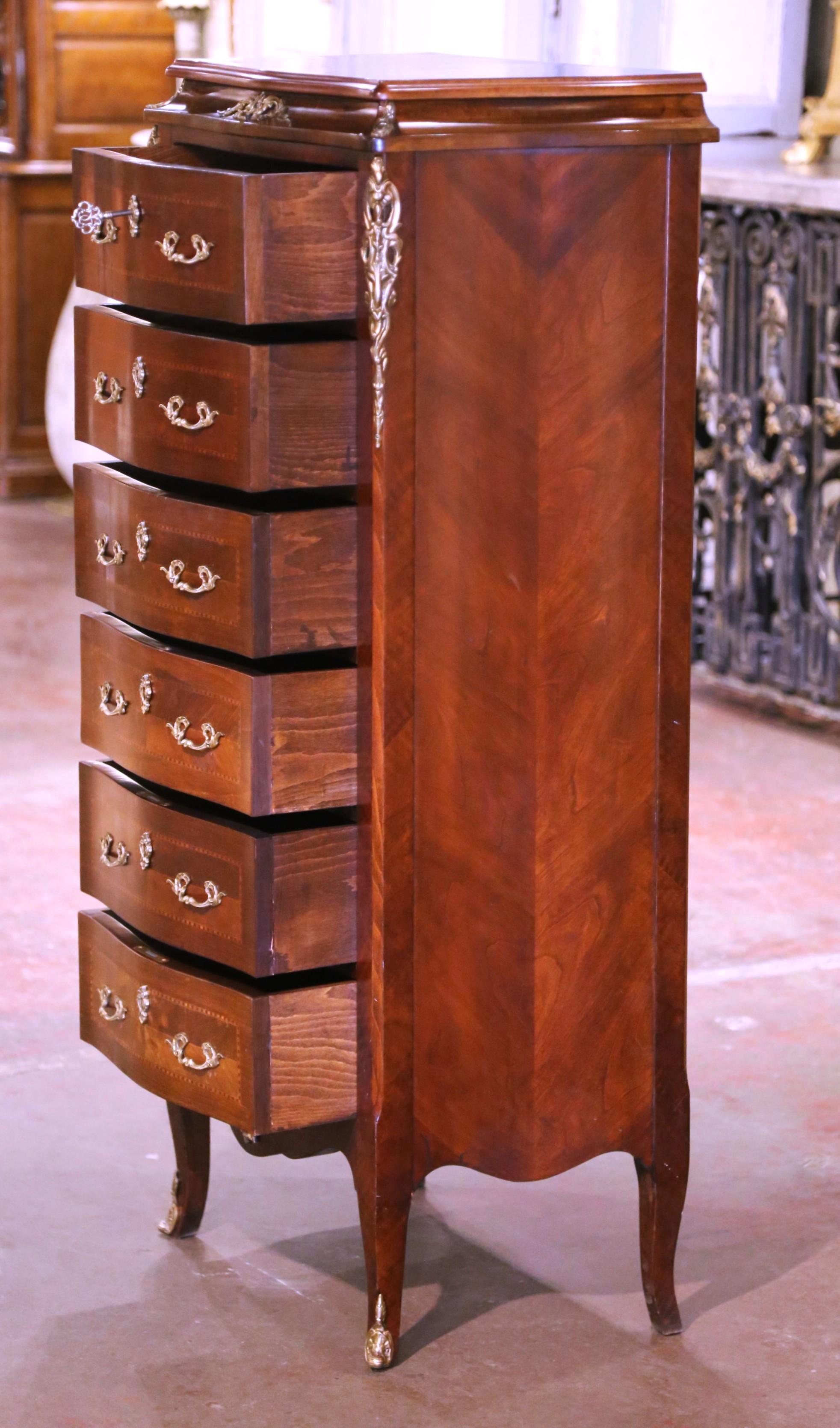 Mid-Century French Louis XV Carved Burl and Rosewood Bombe Six-Drawer Chest In Fair Condition For Sale In Dallas, TX