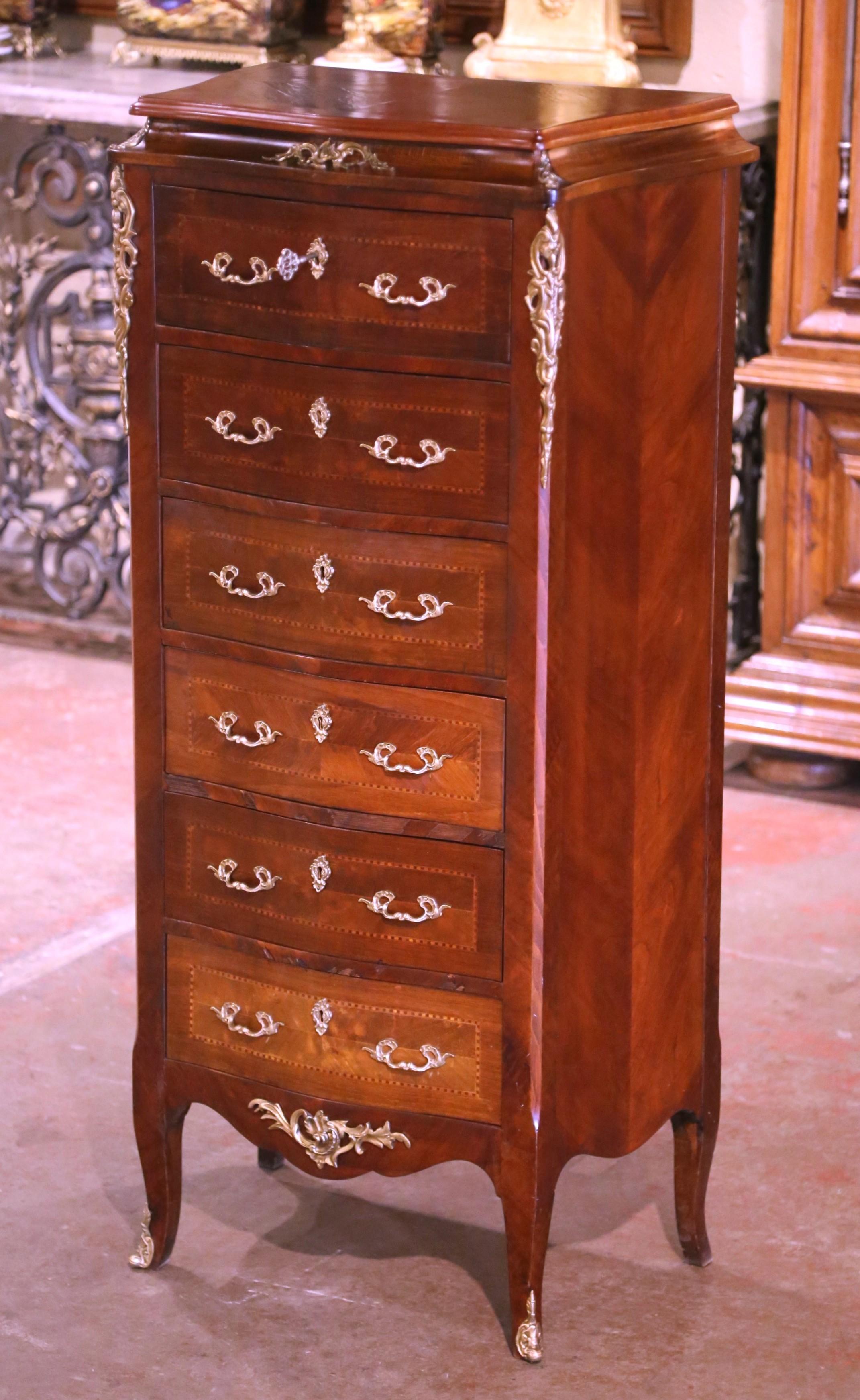 Bronze Mid-Century French Louis XV Carved Burl and Rosewood Bombe Six-Drawer Chest For Sale