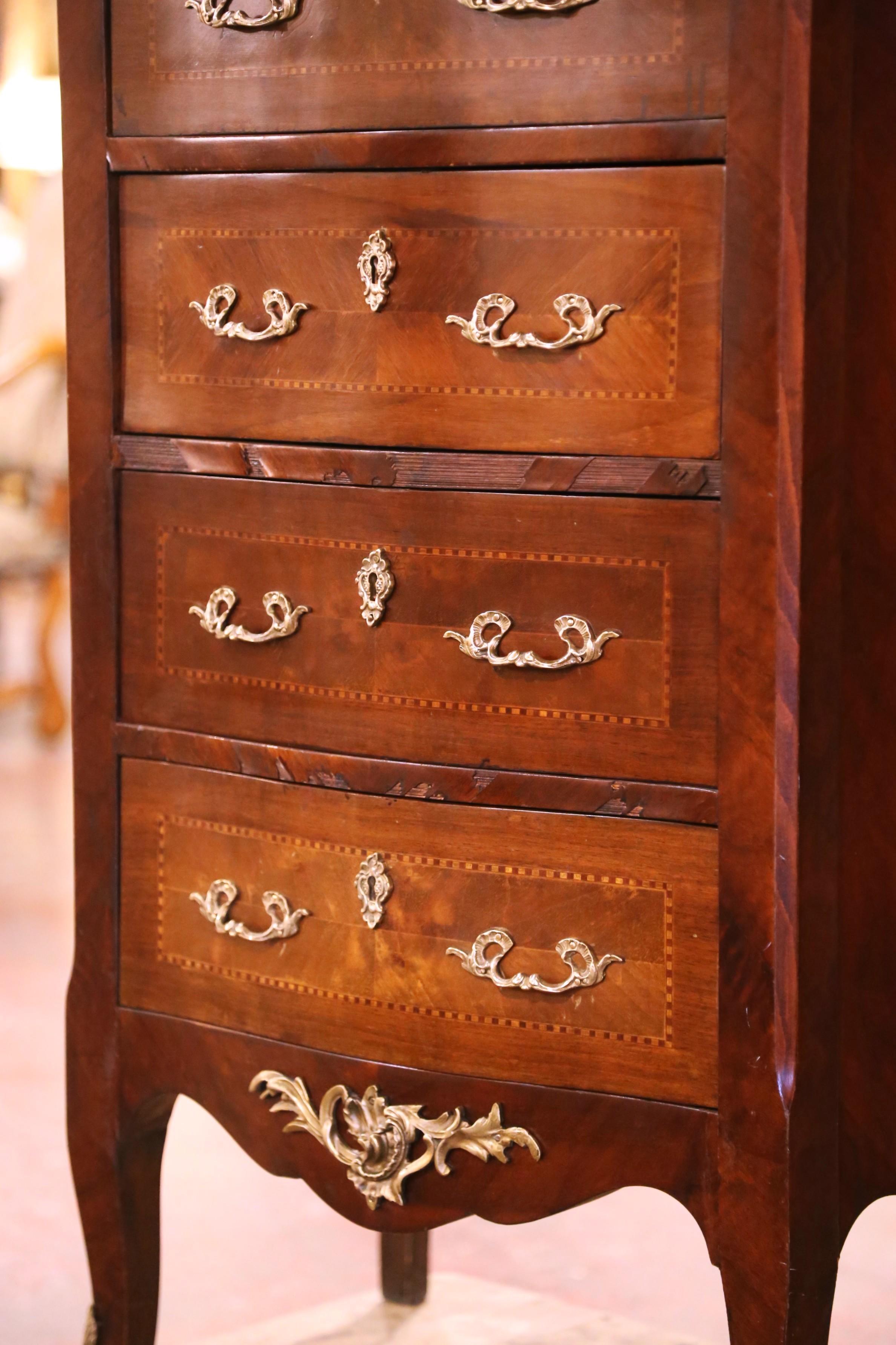 Mid-Century French Louis XV Carved Burl and Rosewood Bombe Six-Drawer Chest For Sale 3