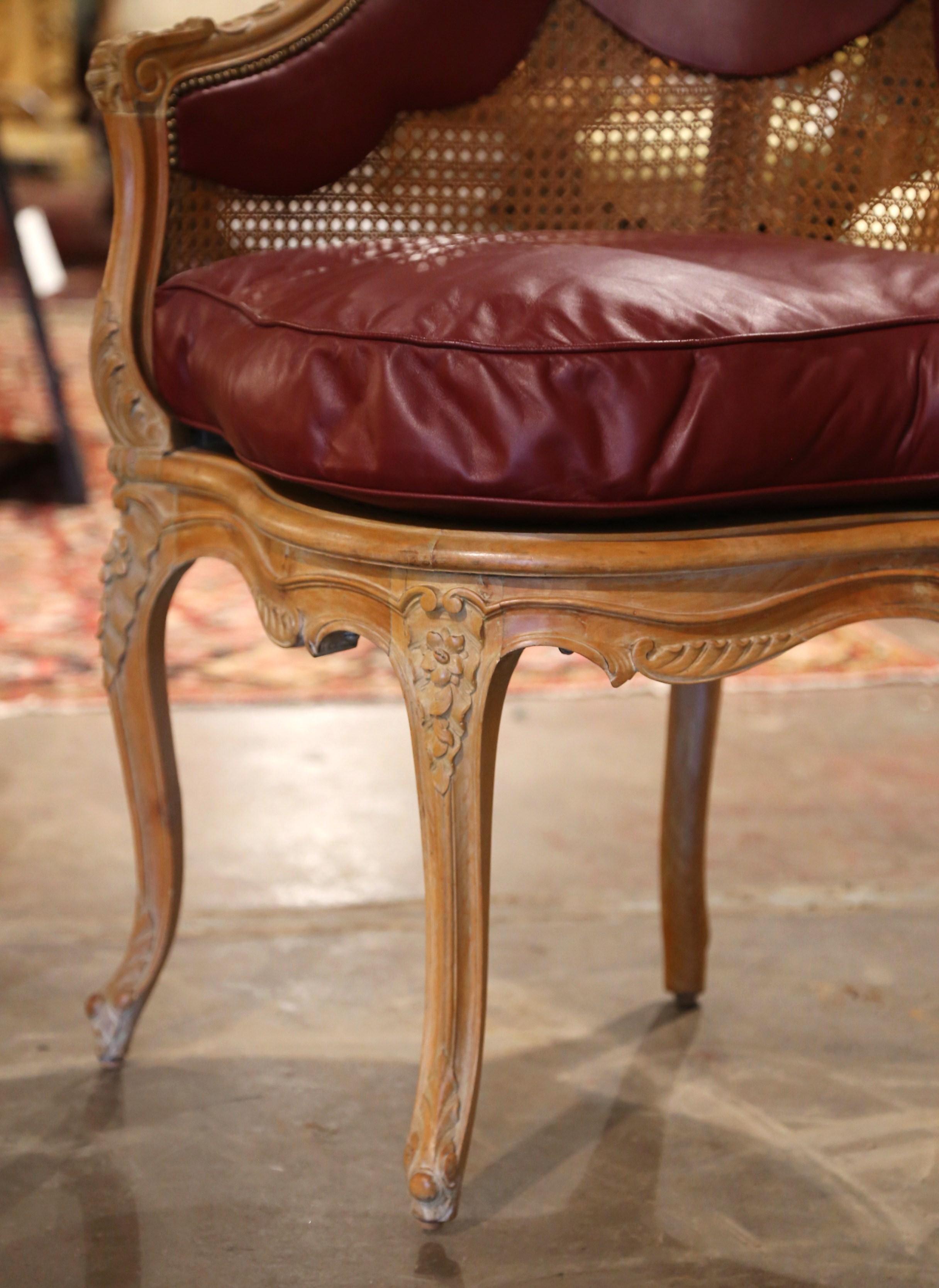 Mid-Century French Louis XV Carved Cane Desk Armchair with Leather Cushion In Excellent Condition In Dallas, TX