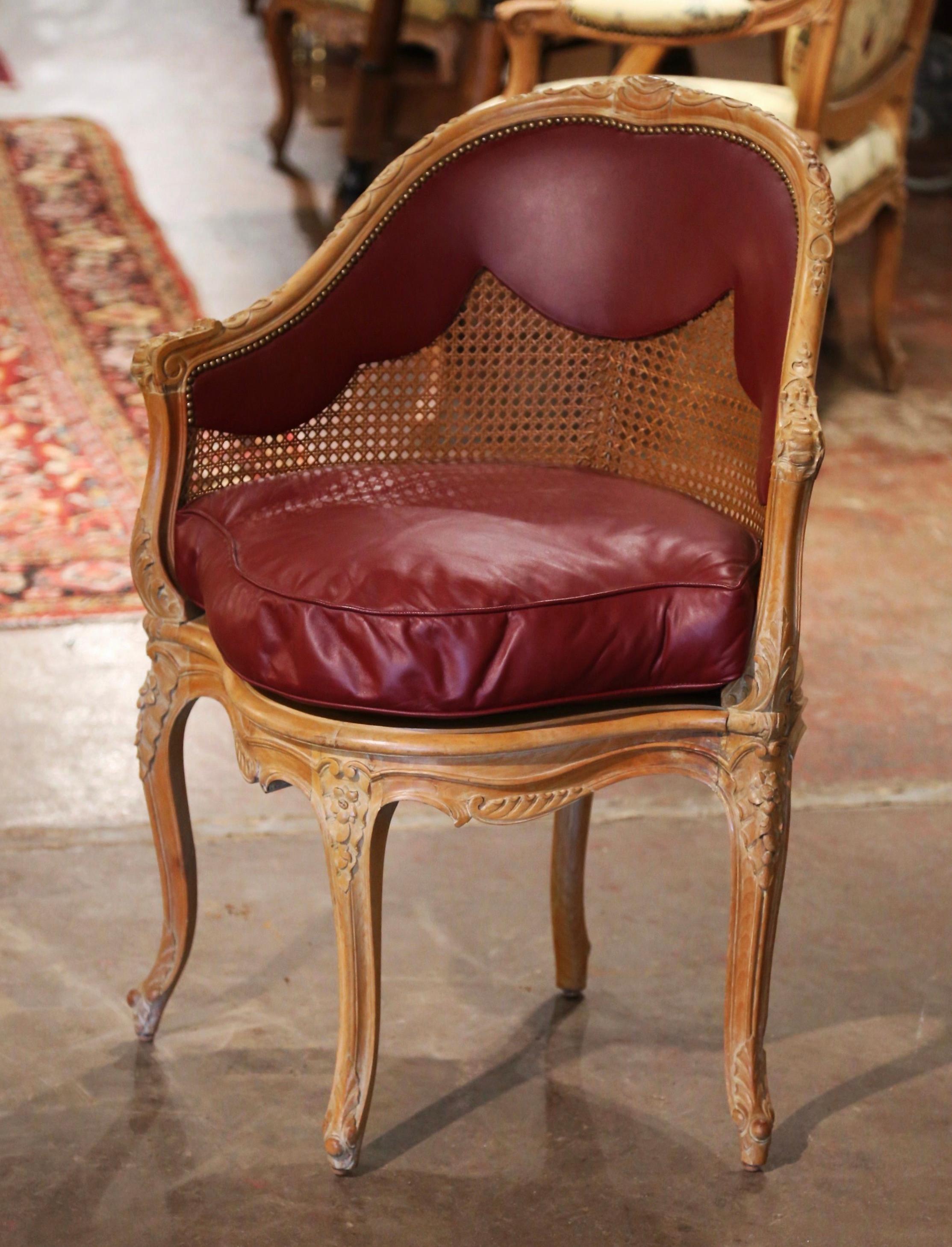 20th Century Mid-Century French Louis XV Carved Cane Desk Armchair with Leather Cushion
