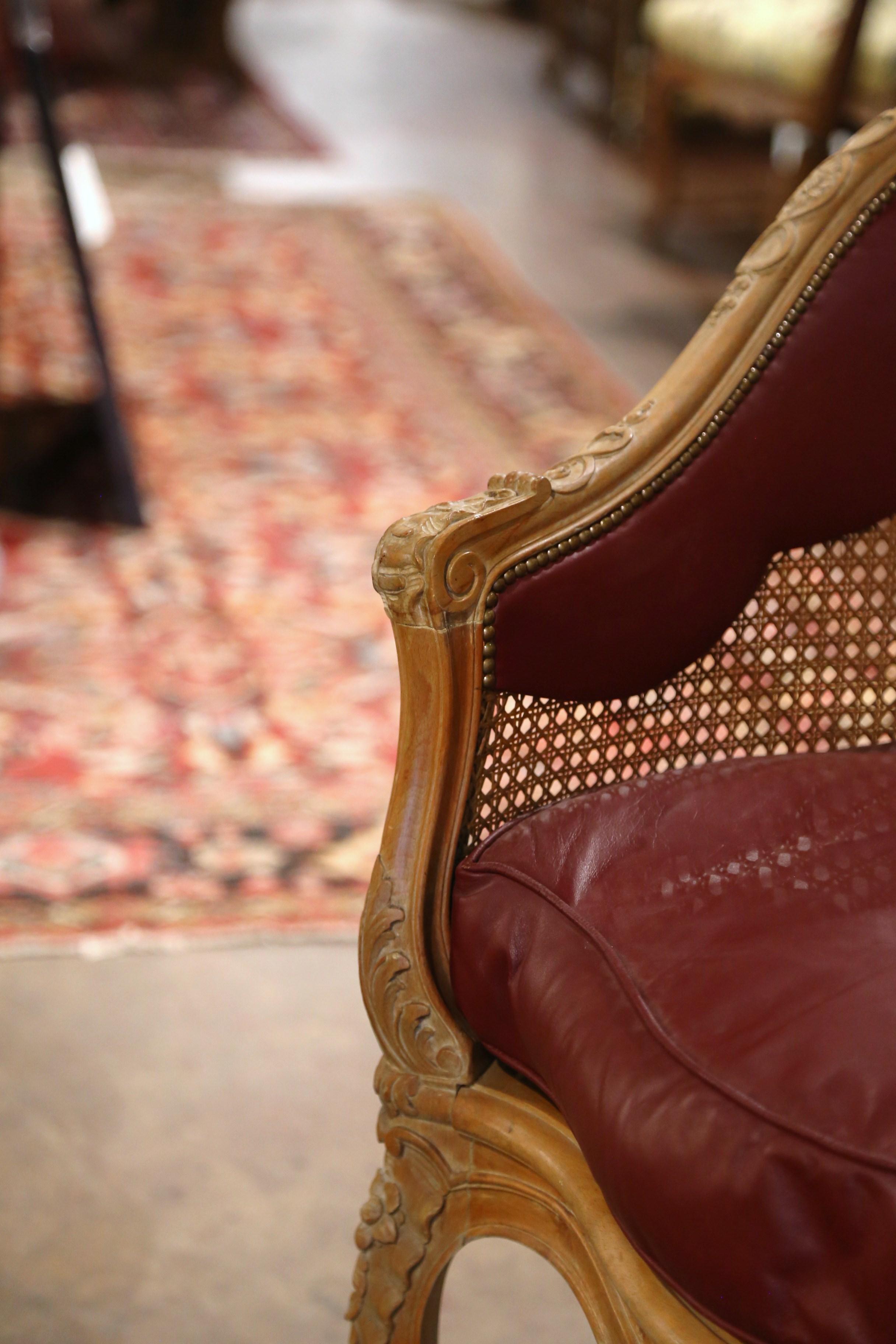 Mid-Century French Louis XV Carved Cane Desk Armchair with Leather Cushion 3