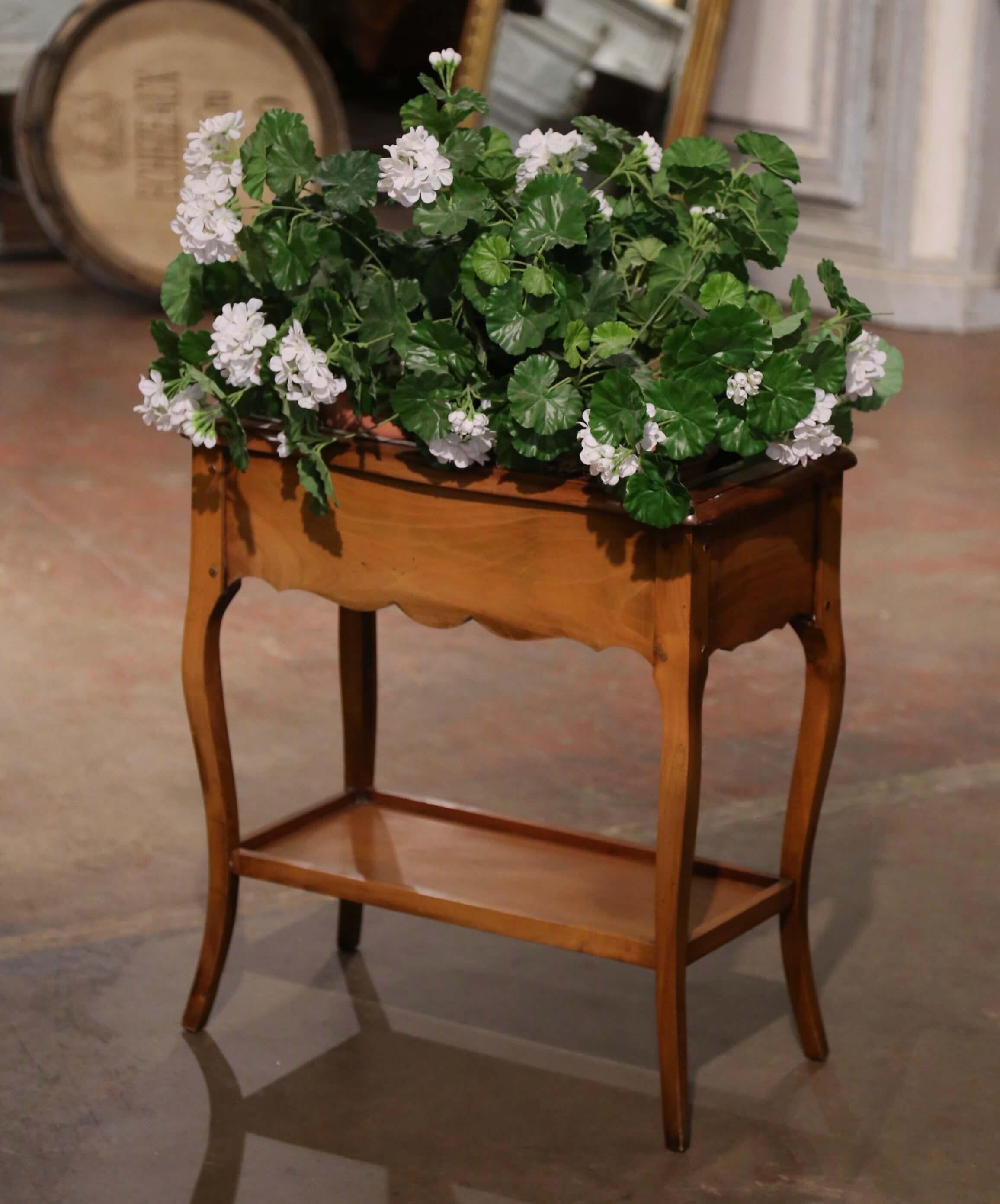 Louis Philippe Mid-Century French Louis XV Carved Cherry Plant Stand with Zinc Liner For Sale