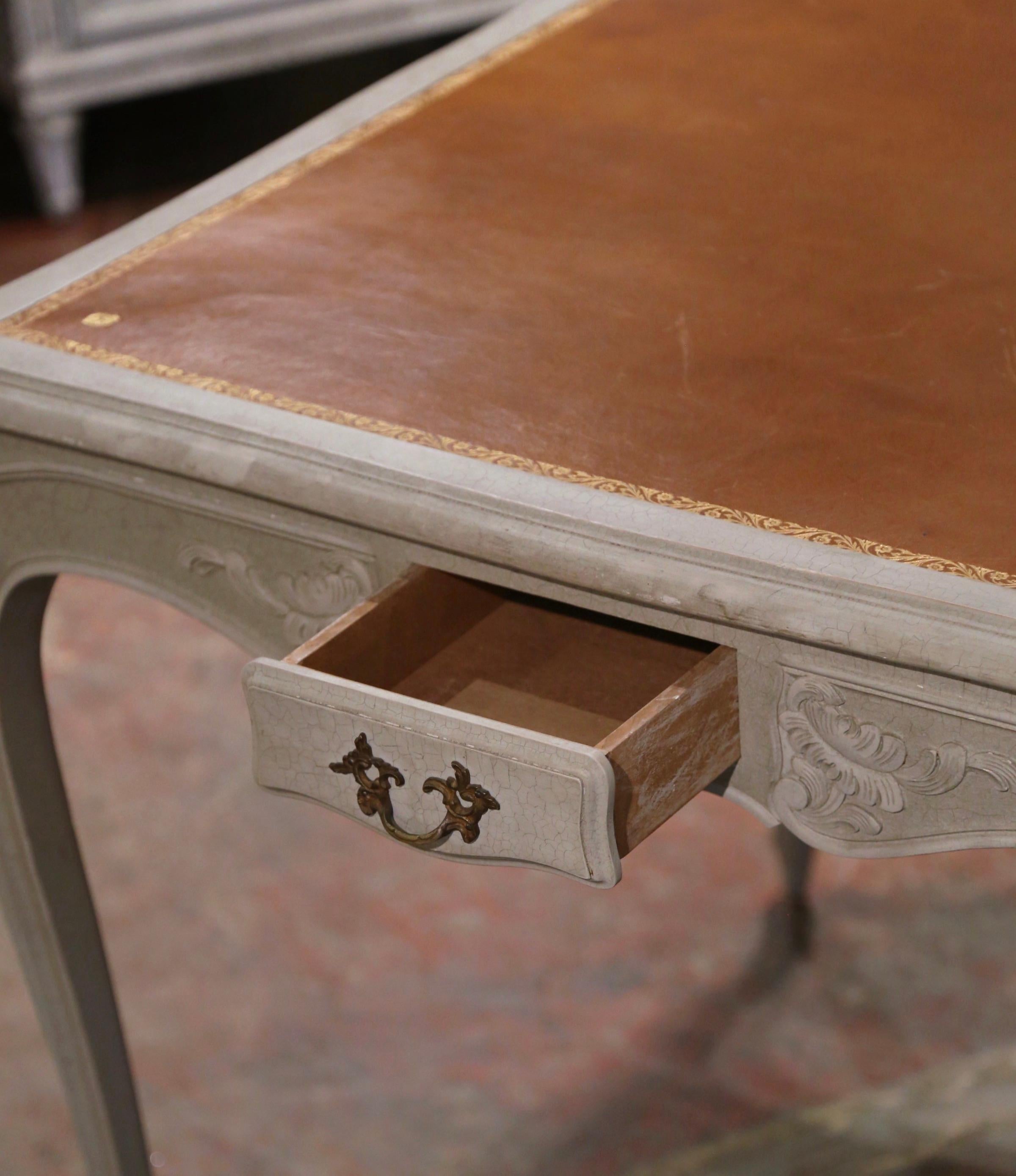 Mid-Century French Louis XV Carved Grey Painted Leather Top Game Table For Sale 4