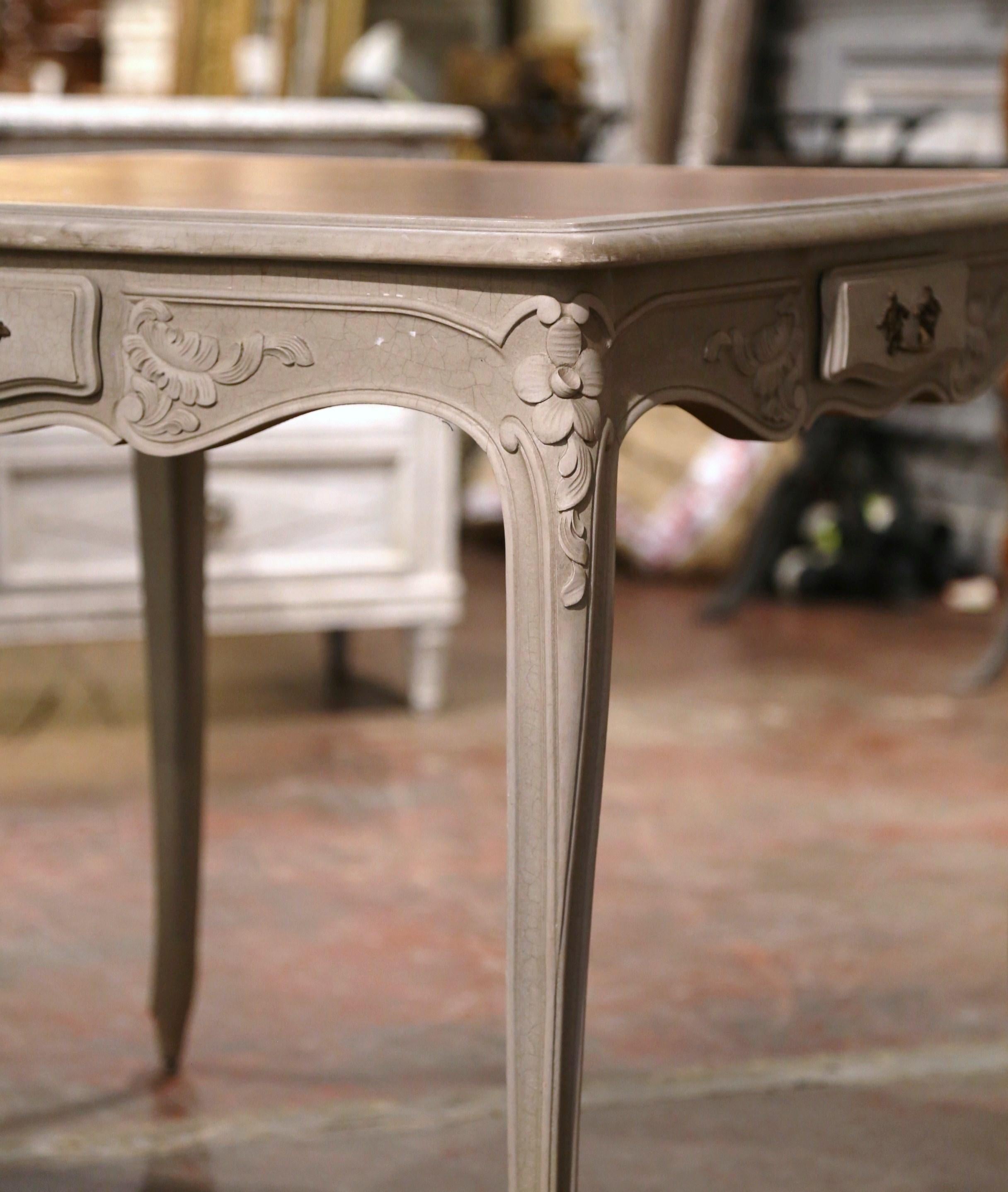 Mid-Century French Louis XV Carved Grey Painted Leather Top Game Table In Excellent Condition For Sale In Dallas, TX