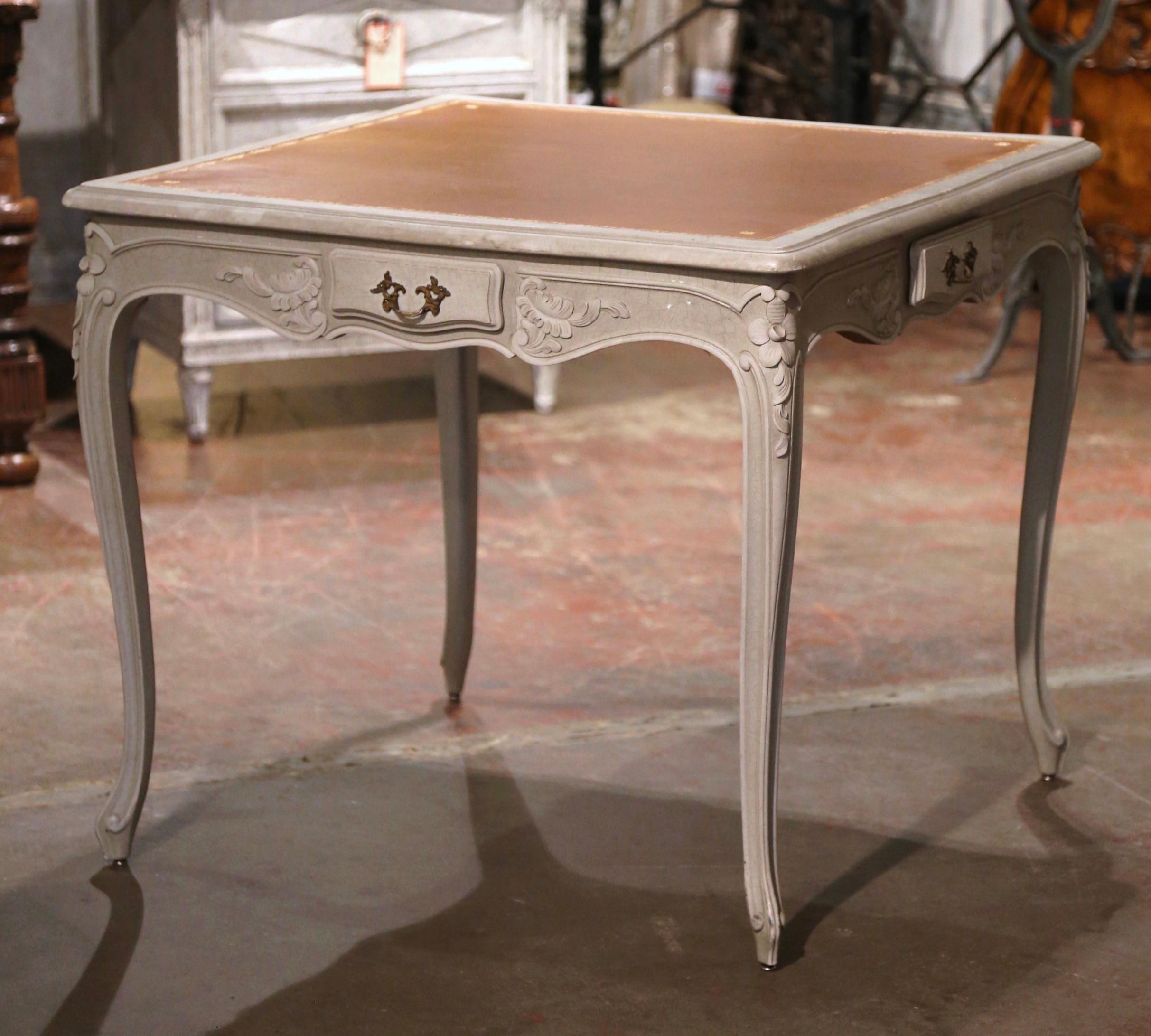 20th Century Mid-Century French Louis XV Carved Grey Painted Leather Top Game Table For Sale