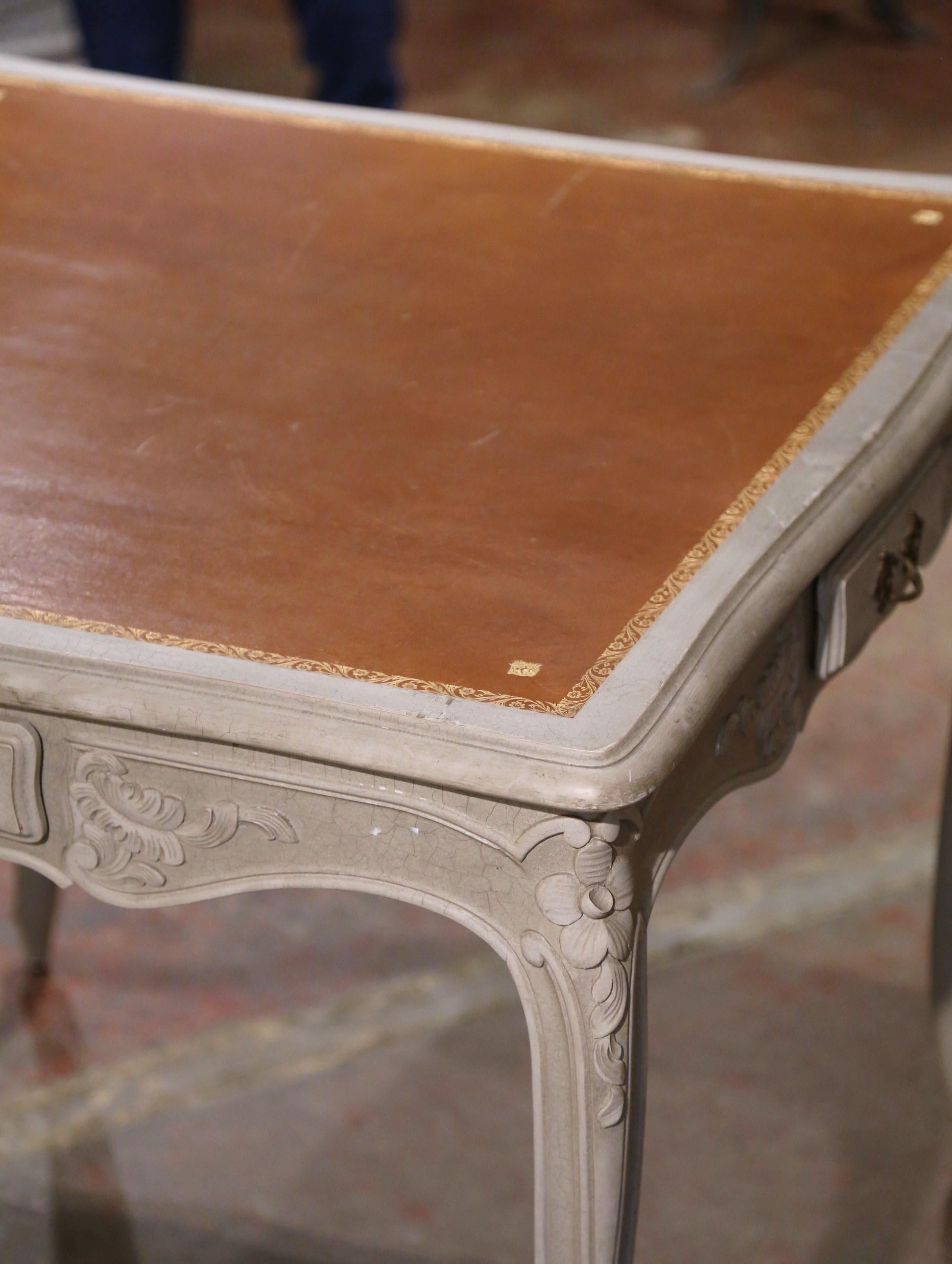 Mid-Century French Louis XV Carved Grey Painted Leather Top Game Table For Sale 1