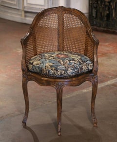 Mid-Century French Louis XV Carved Walnut and Cane Desk Armchair with Cushion