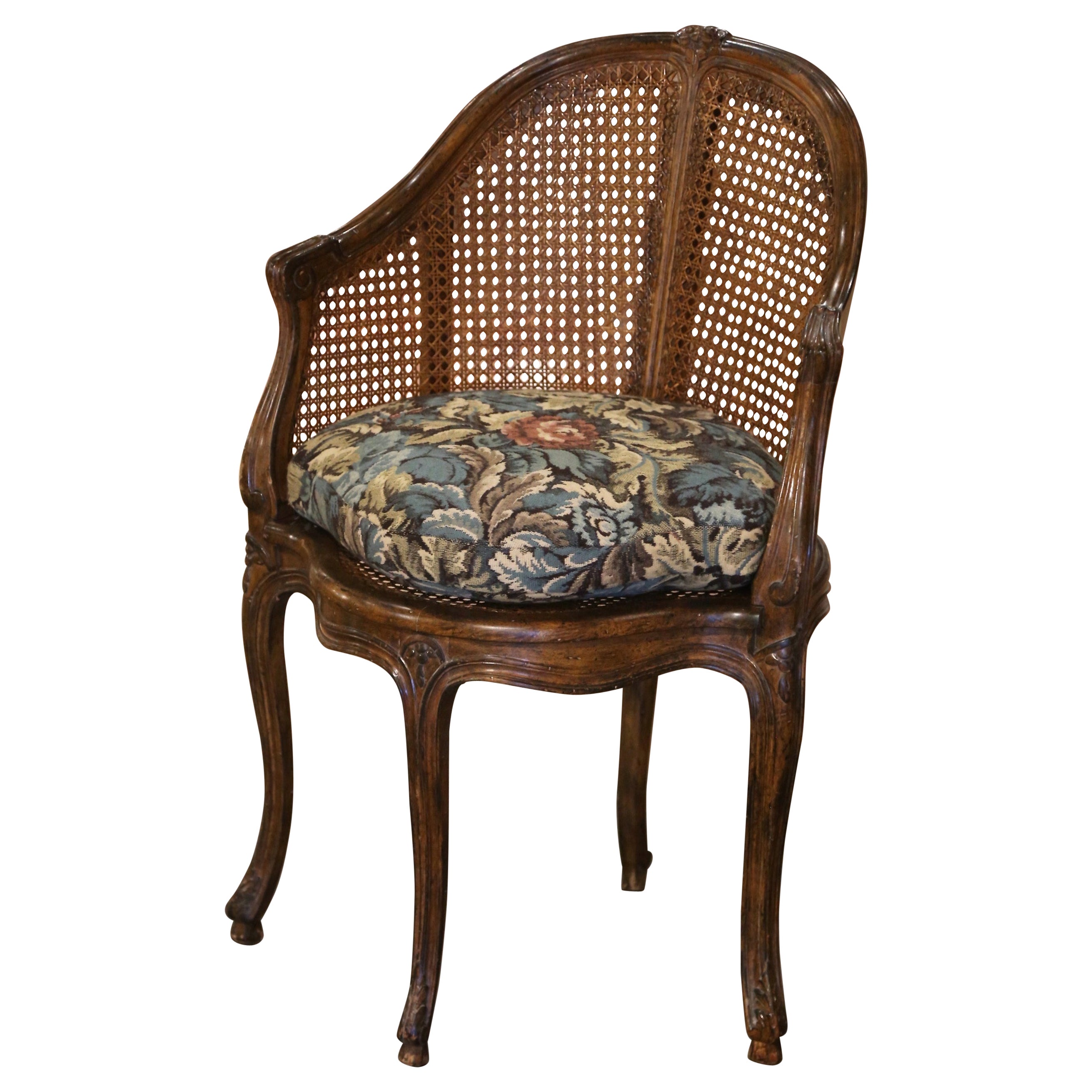 Mid-Century French Louis XV Carved Walnut and Cane Desk Armchair with Cushion