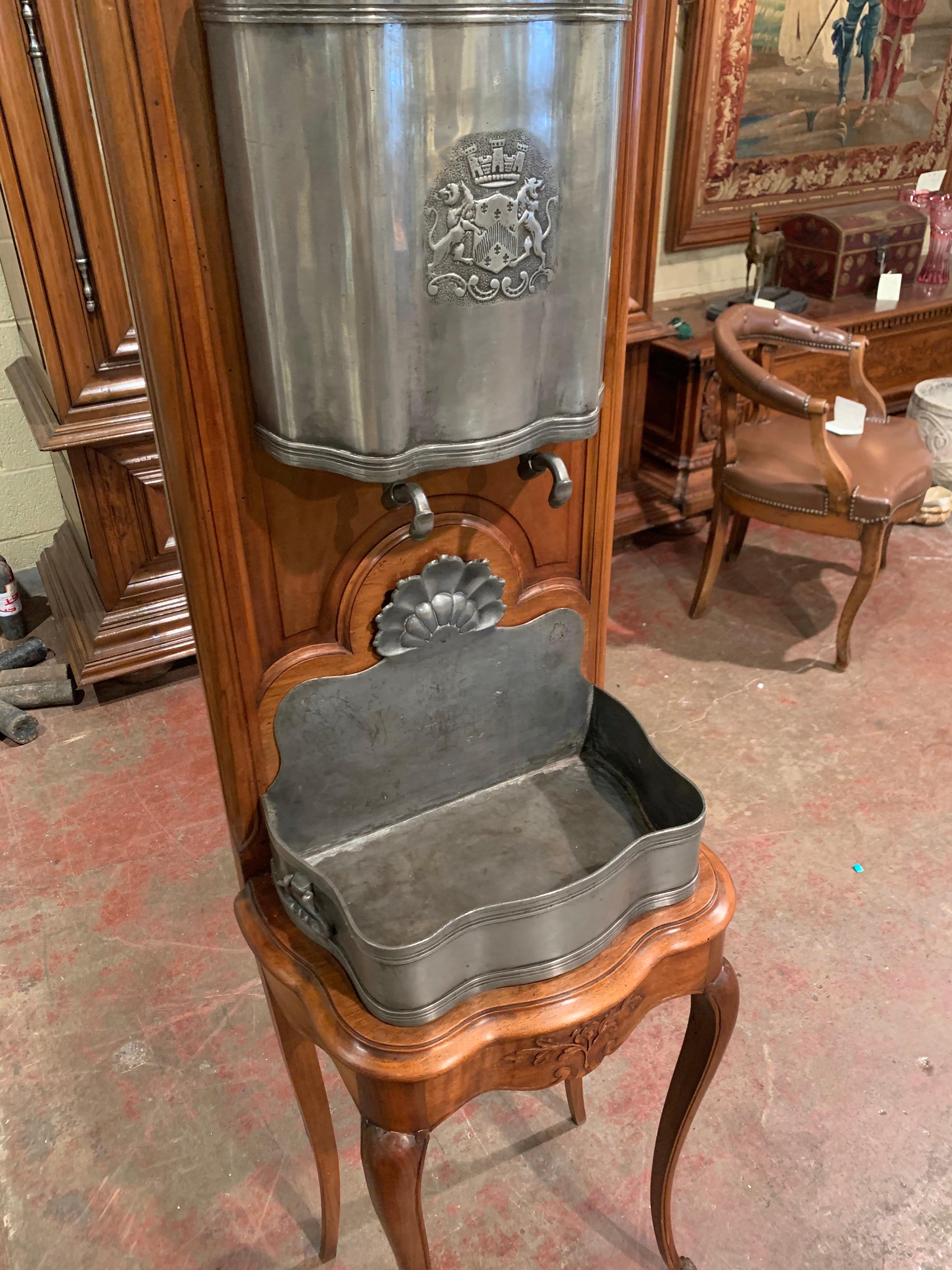 Midcentury French Louis XV Carved Walnut and Pewter Fountain Lavabo on Stand 6