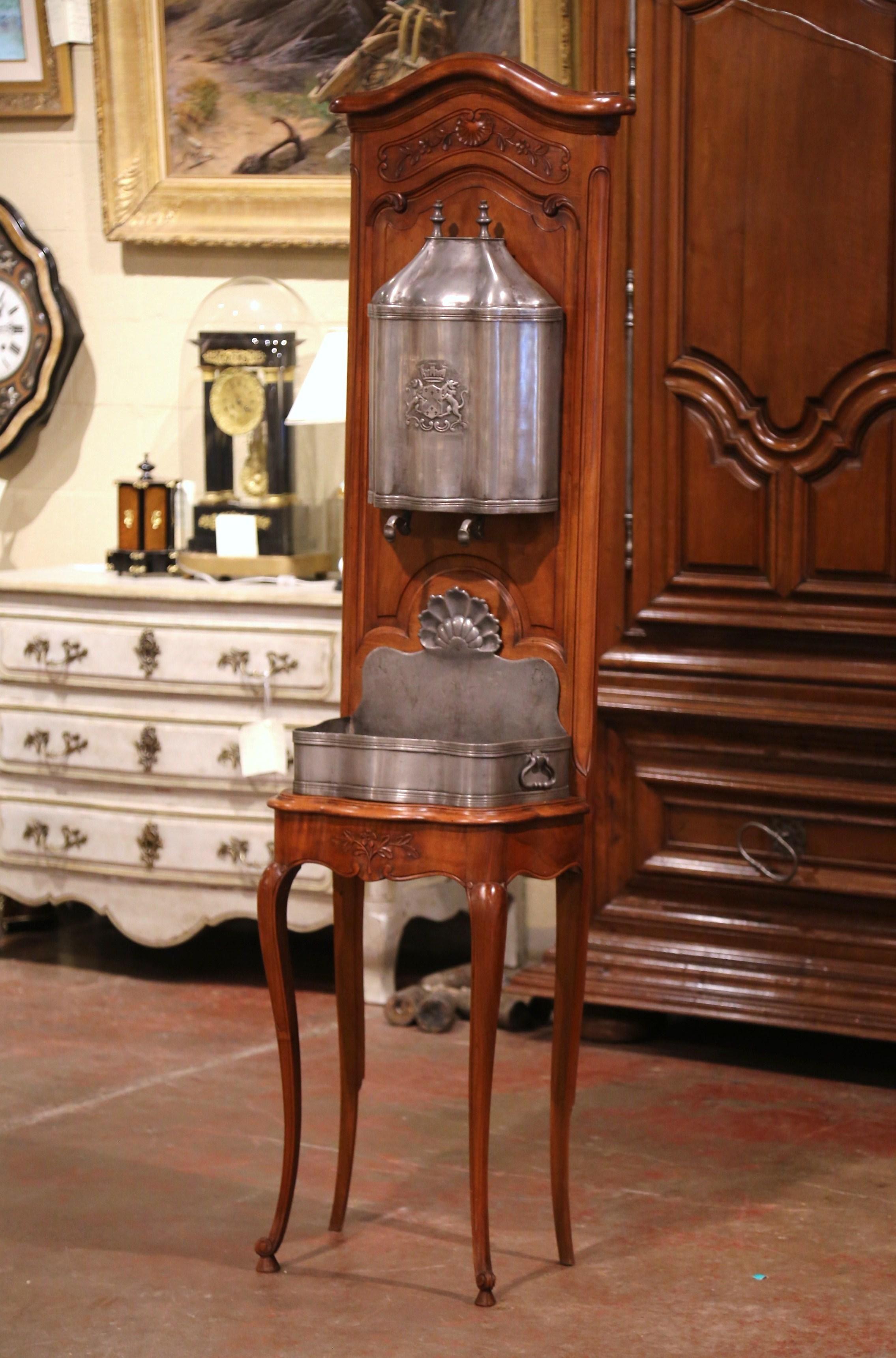 20th Century Midcentury French Louis XV Carved Walnut and Pewter Fountain Lavabo on Stand