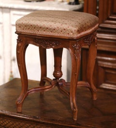 Mid-Century French Louis XV Carved Walnut and Velvet Adjustable Piano Stool