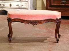 Midcentury French Louis XV Carved Walnut and Velvet Bombe and Curved Bench