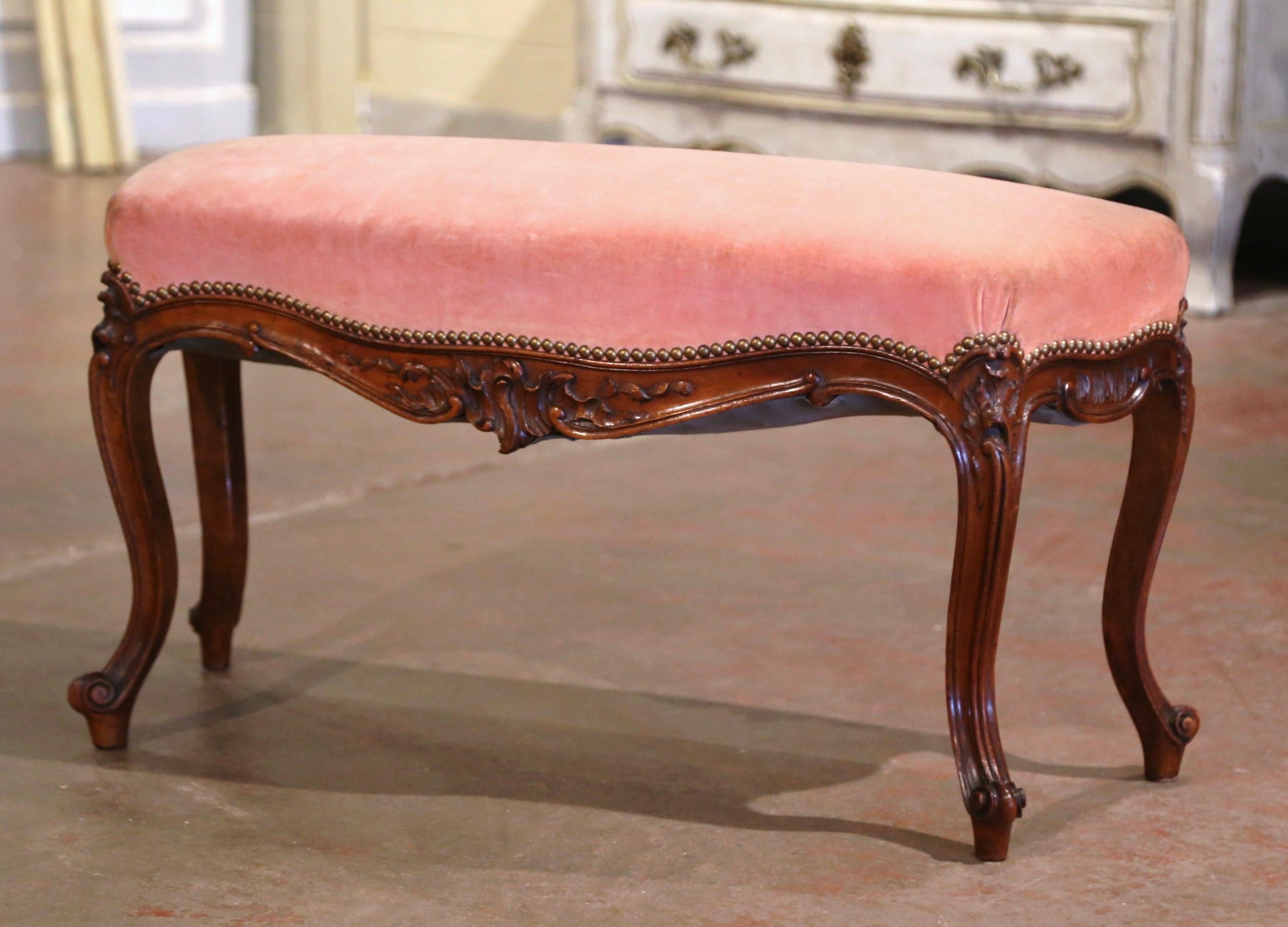 Hand-Carved Midcentury French Louis XV Carved Walnut and Velvet Bombe and Curved Bench