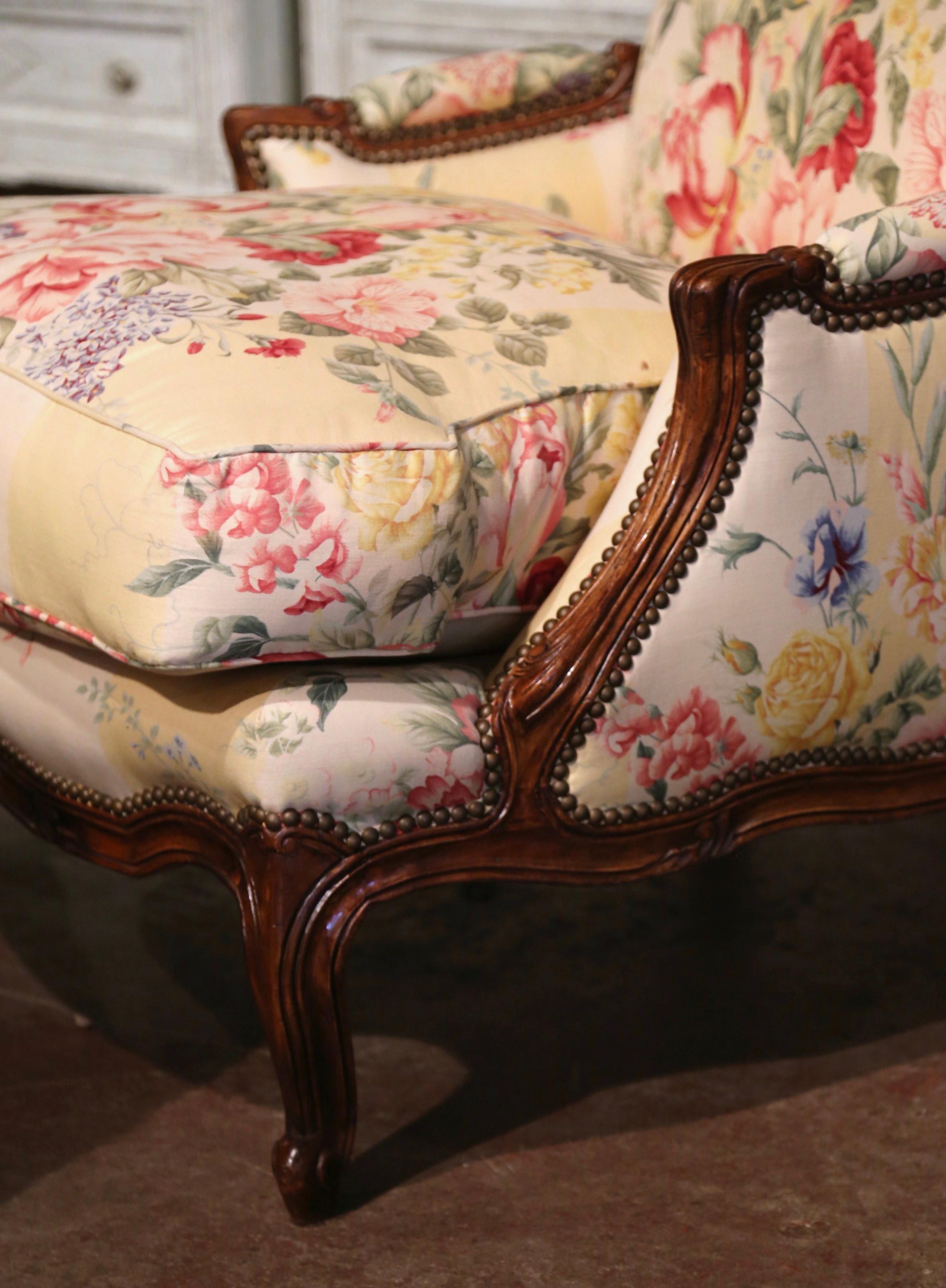 Mid-Century French Louis XV Carved Walnut Armchair with Matching Ottoman 5
