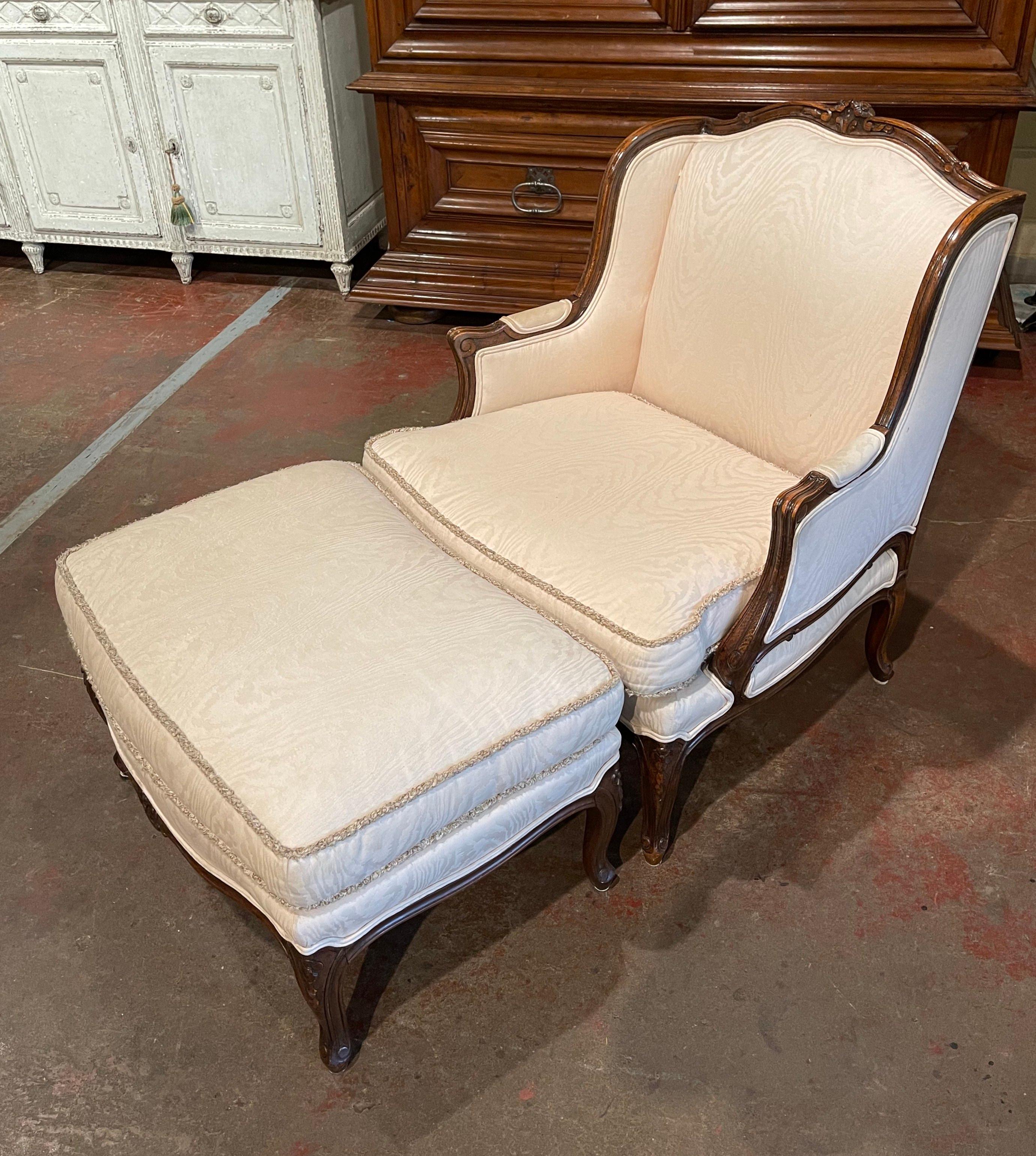 Mid-Century French Louis XV Carved Walnut Armchair with Matching Ottoman 6
