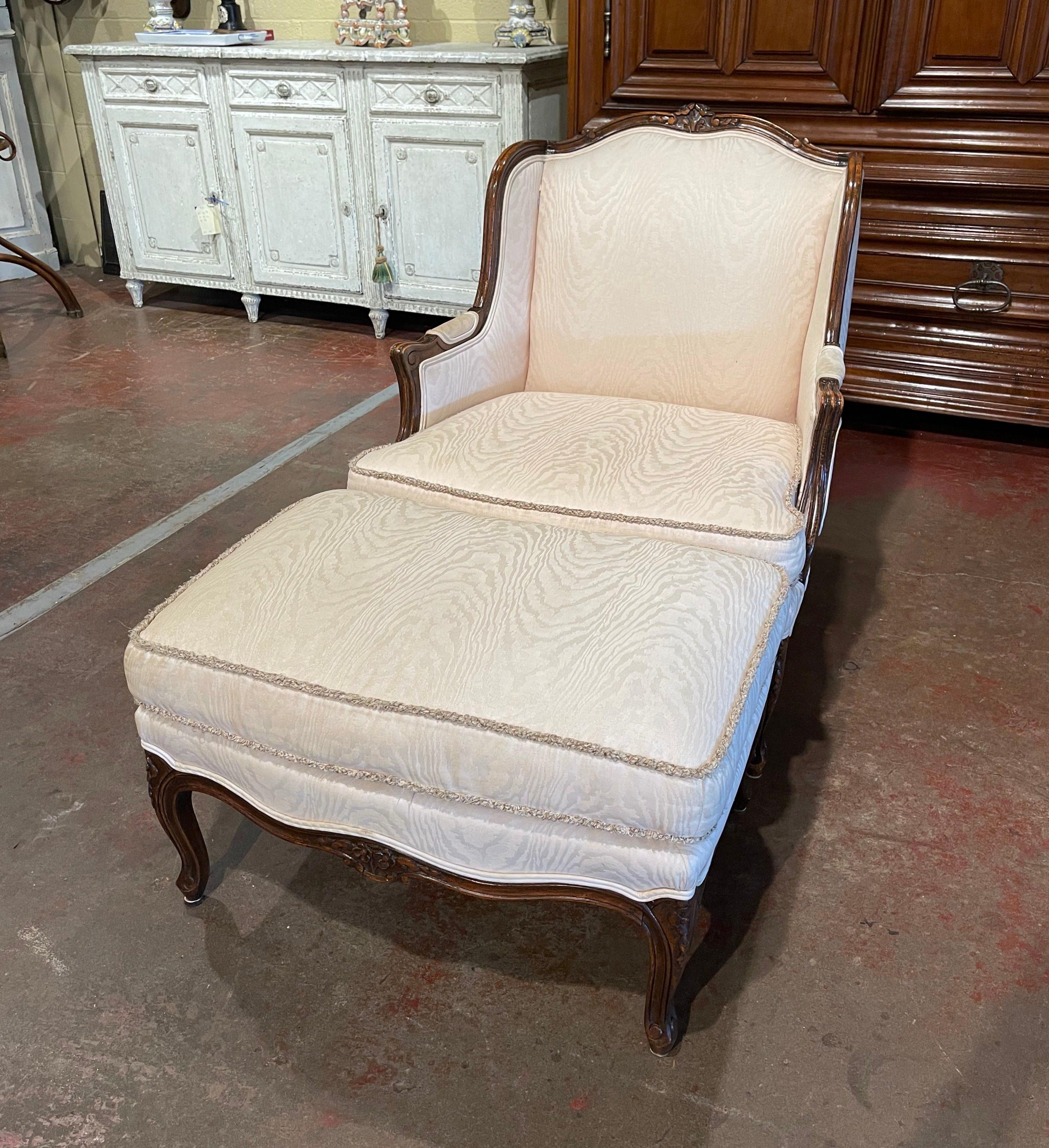 Hand-Carved Mid-Century French Louis XV Carved Walnut Armchair with Matching Ottoman
