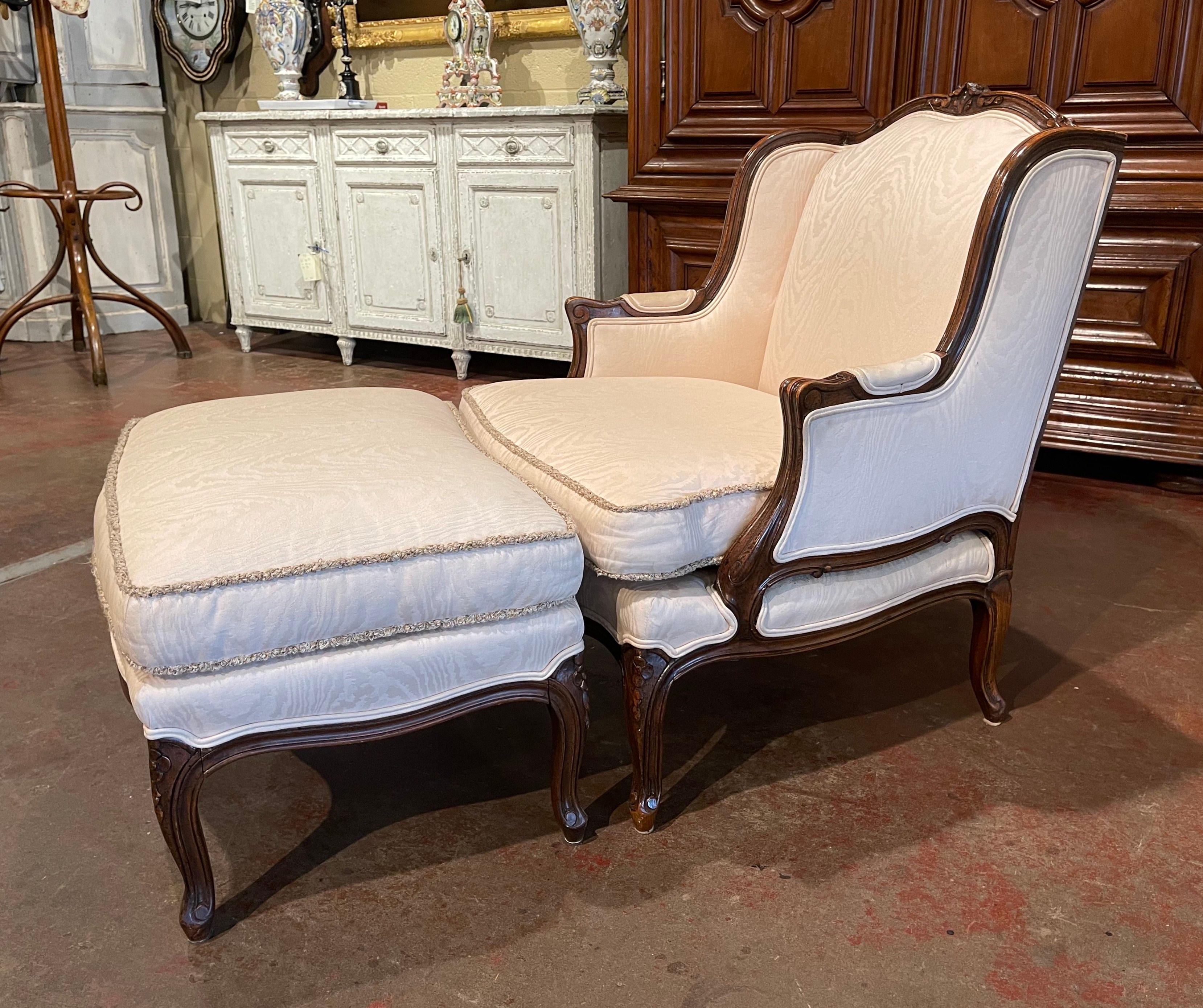20th Century Mid-Century French Louis XV Carved Walnut Armchair with Matching Ottoman