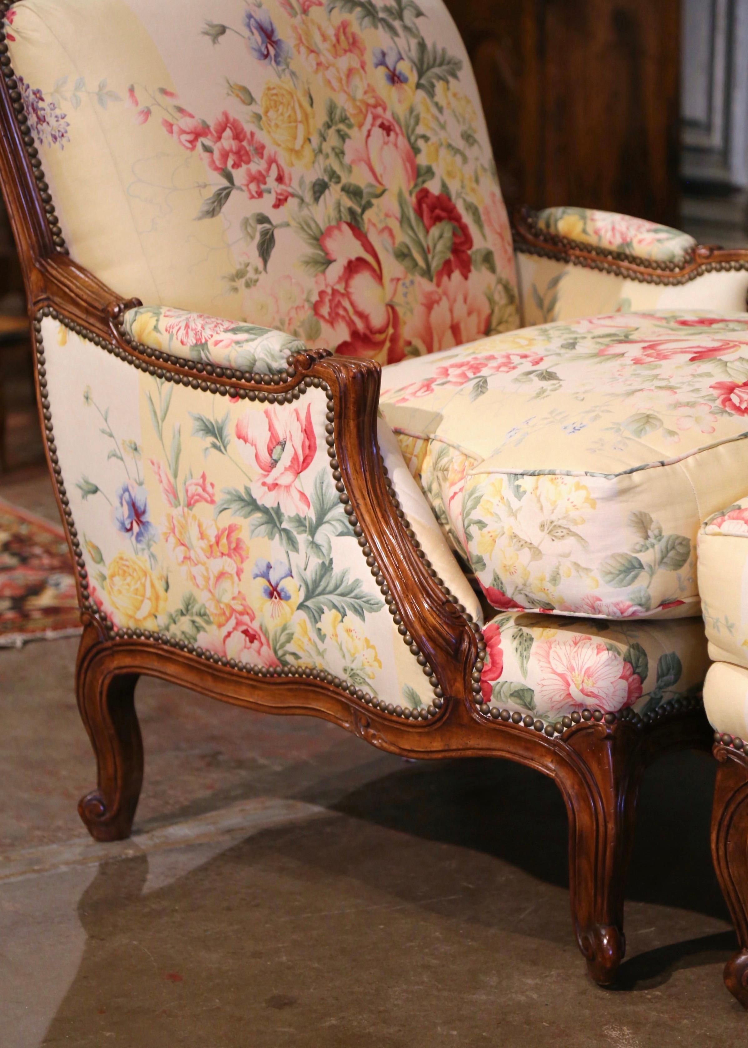 20th Century Mid-Century French Louis XV Carved Walnut Armchair with Matching Ottoman