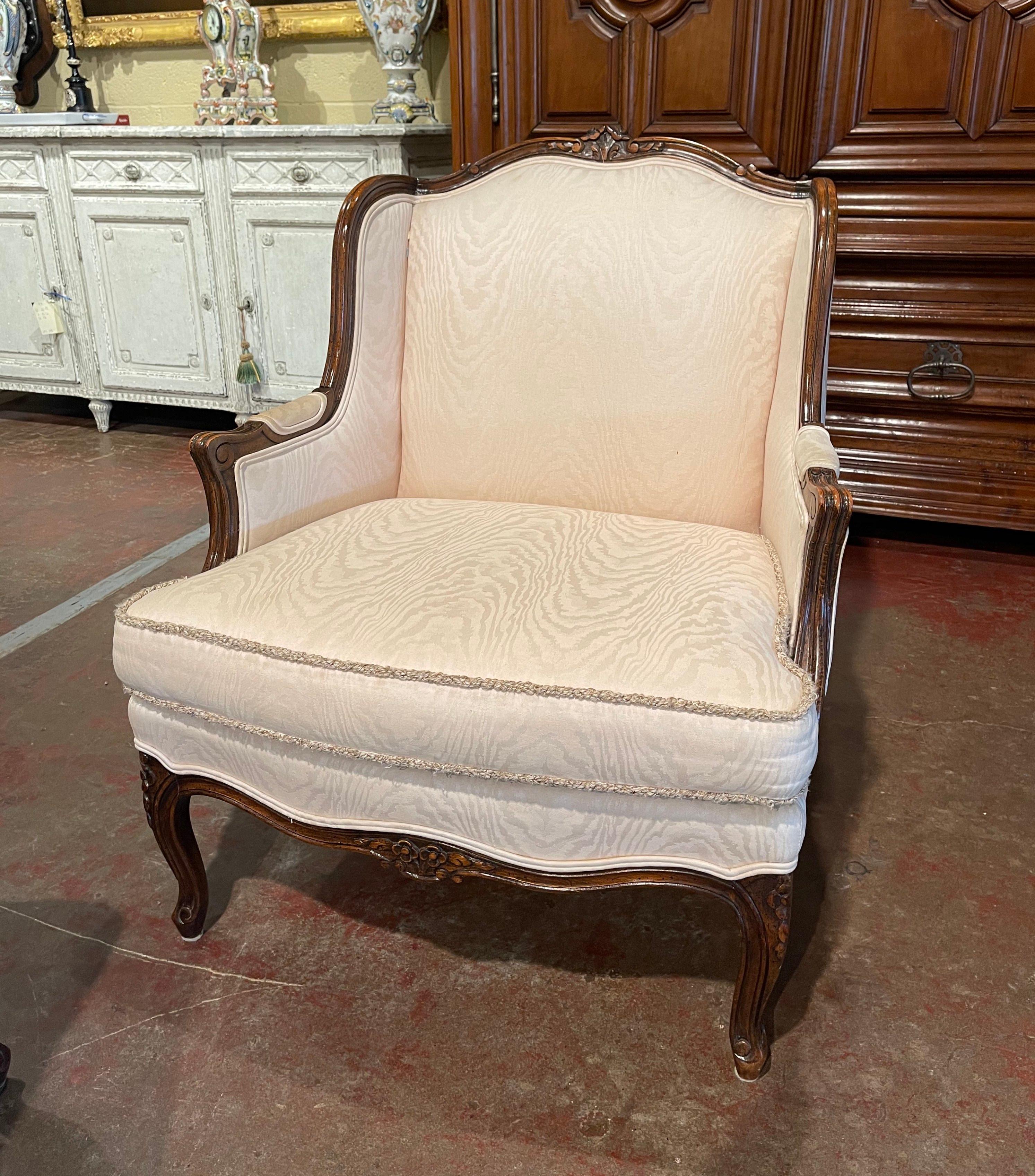 Mid-Century French Louis XV Carved Walnut Armchair with Matching Ottoman 2