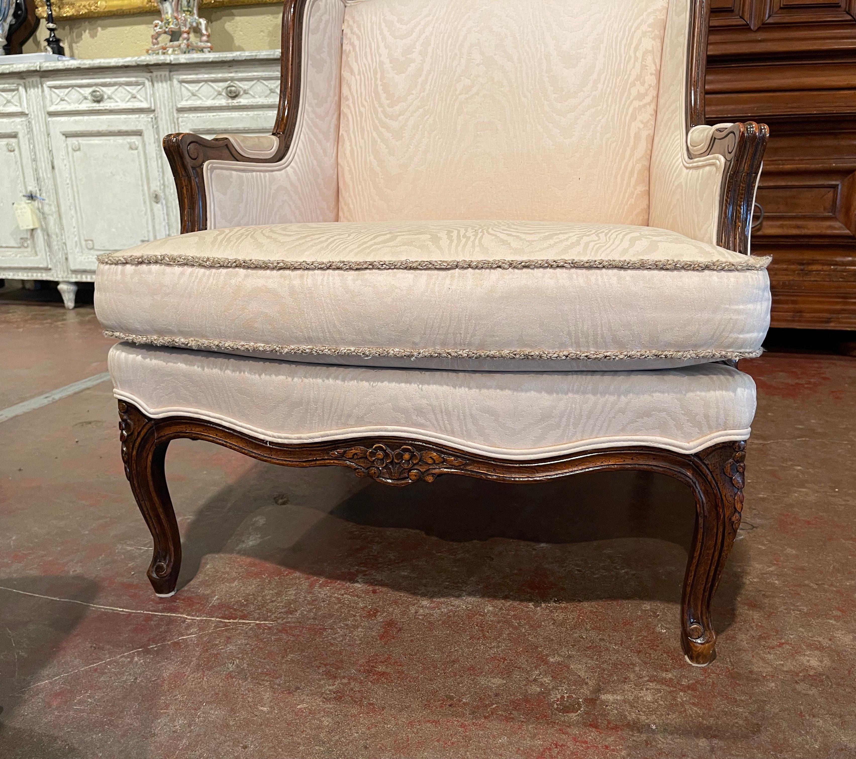 Mid-Century French Louis XV Carved Walnut Armchair with Matching Ottoman 3