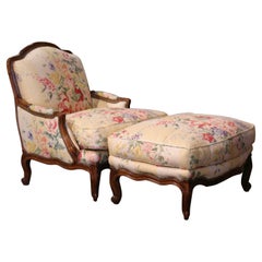 Mid-Century French Louis XV Carved Walnut Armchair with Matching Ottoman