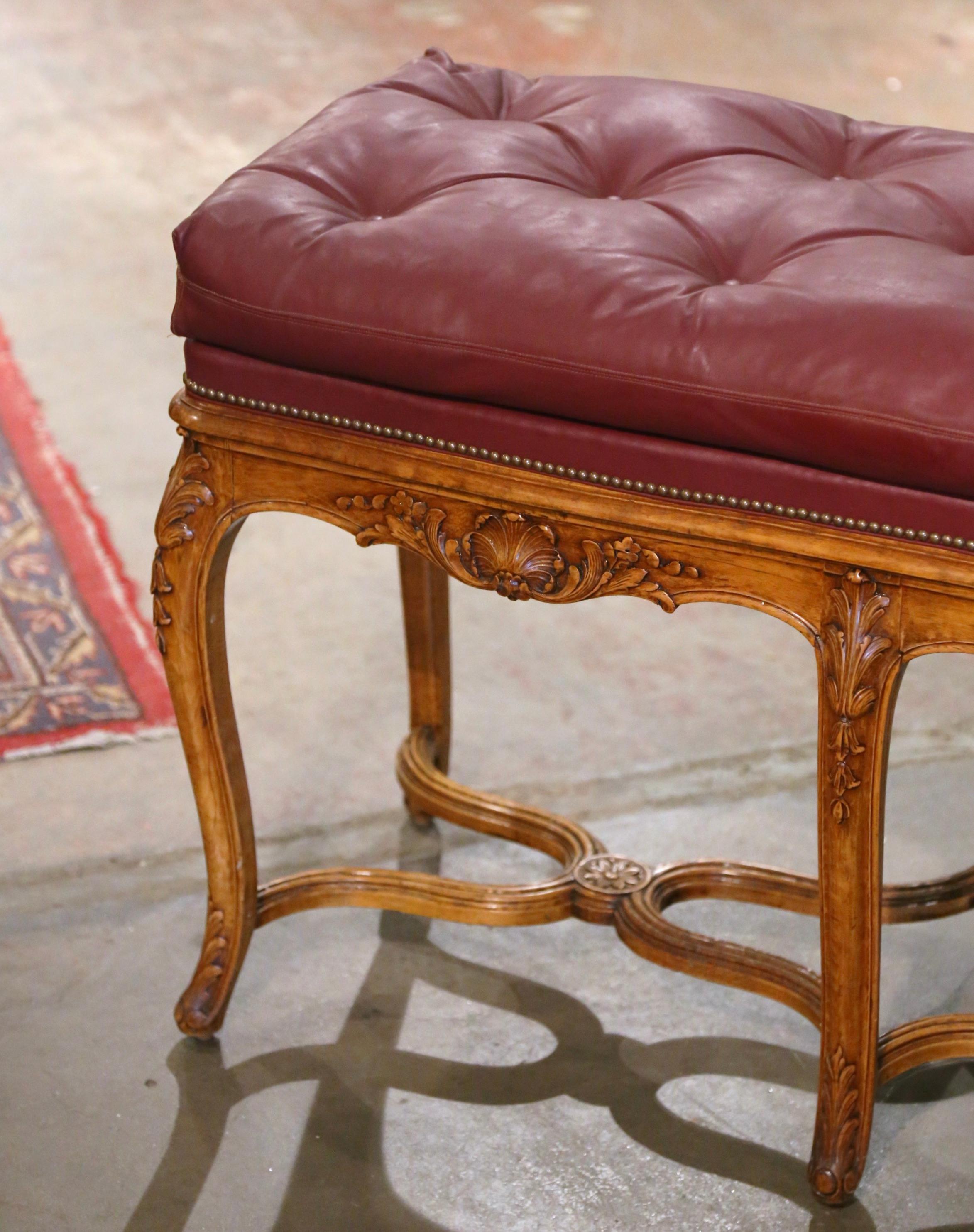 Hand-Carved Midcentury French Louis XV Carved Walnut Bench with Hermes Leather Upholstery 