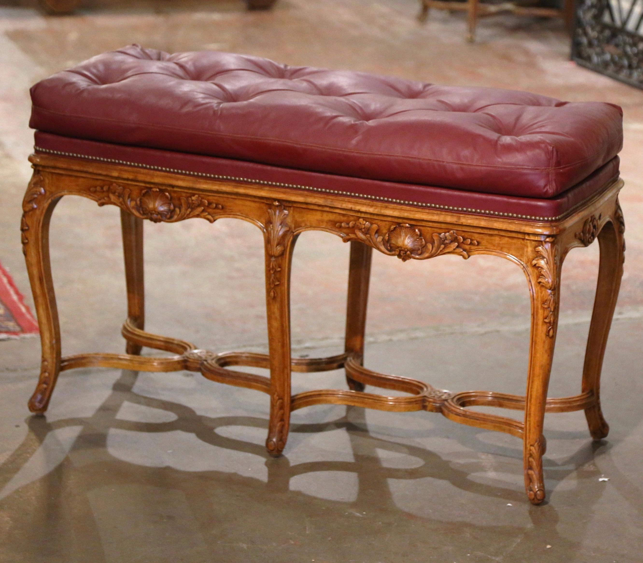 Midcentury French Louis XV Carved Walnut Bench with Hermes Leather Upholstery  In Excellent Condition In Dallas, TX